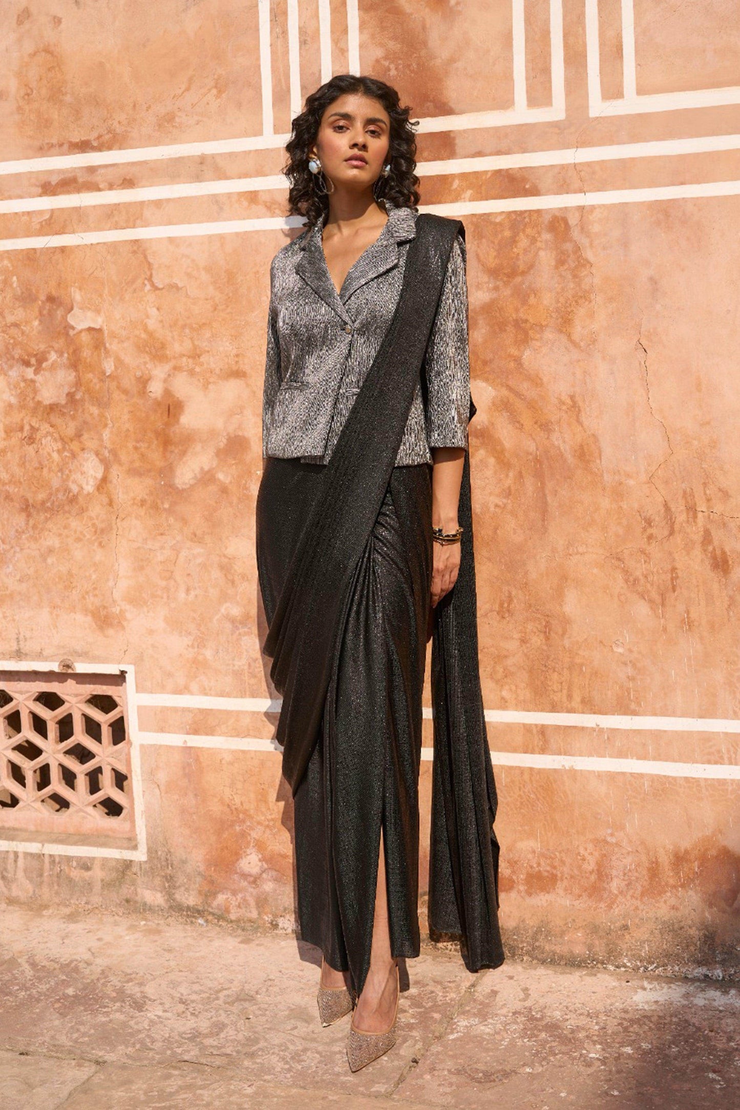 PLEATED METALLIC BLAZER TOP AND BLACK SARI DRAPE SKIRT - dash and dot