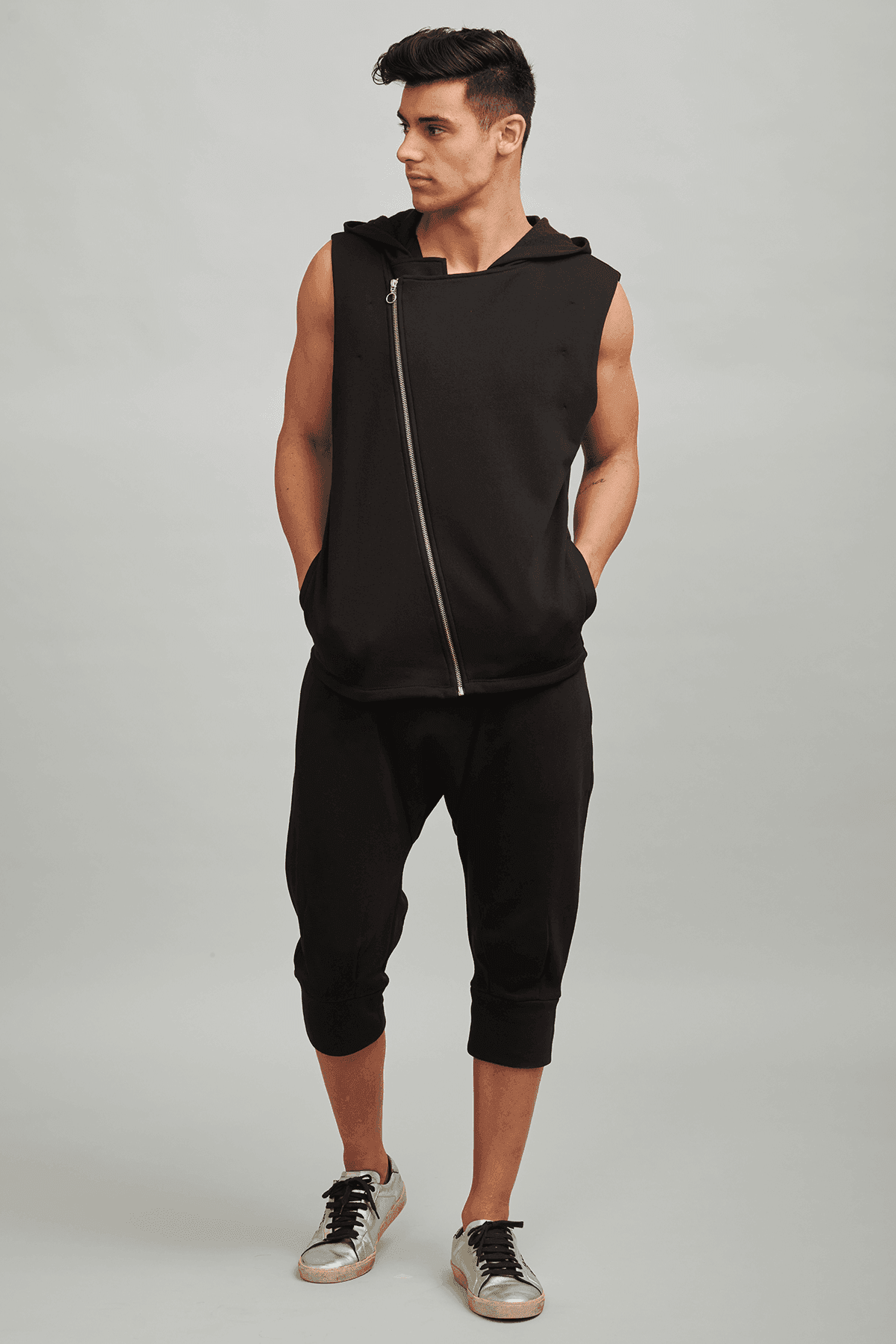 SLEEVELESS CROSS ZIP HOODIE CROP JOGGER SET - dash and dot