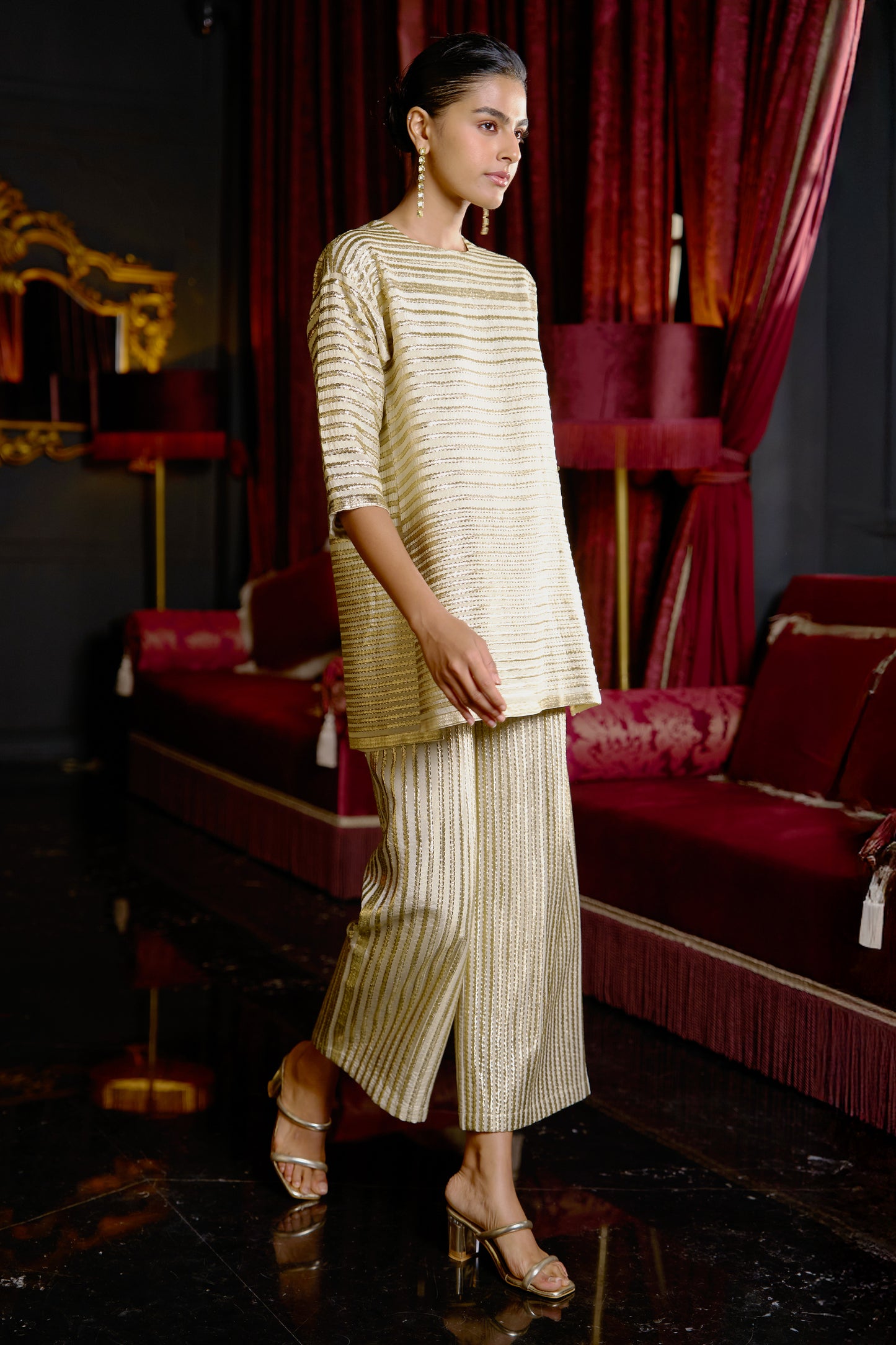 METALLIC STRIPE EMBROIDERED PANT