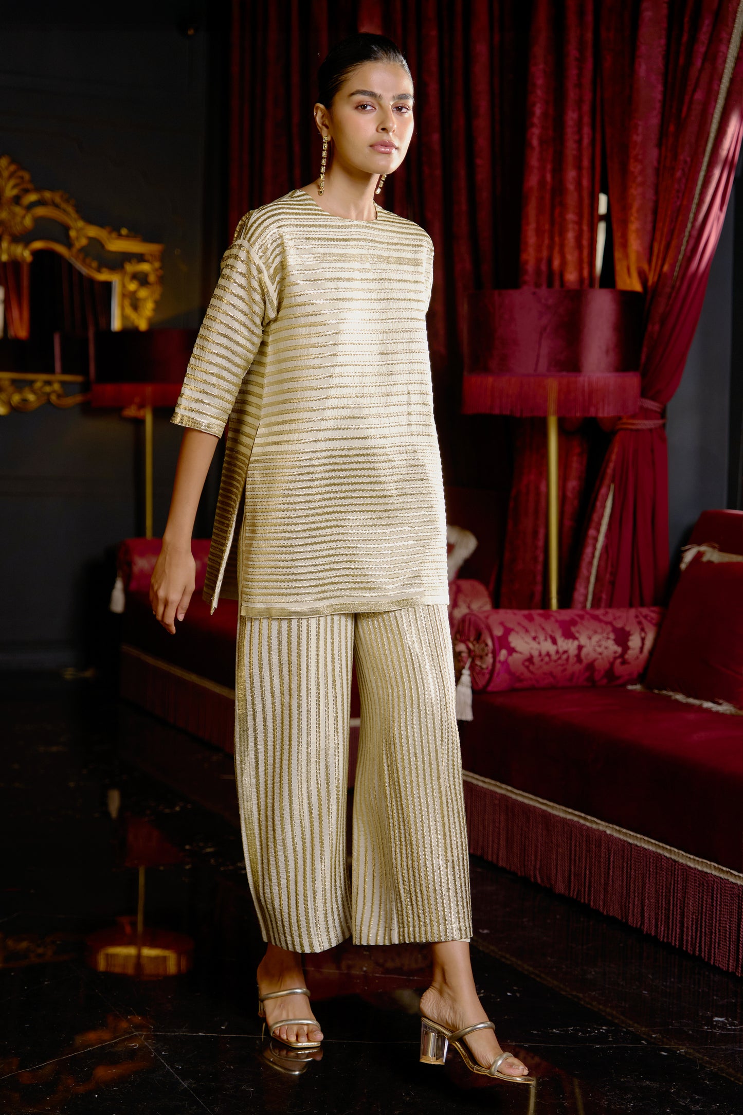 METALLIC STRIPE EMBROIDERED TOP