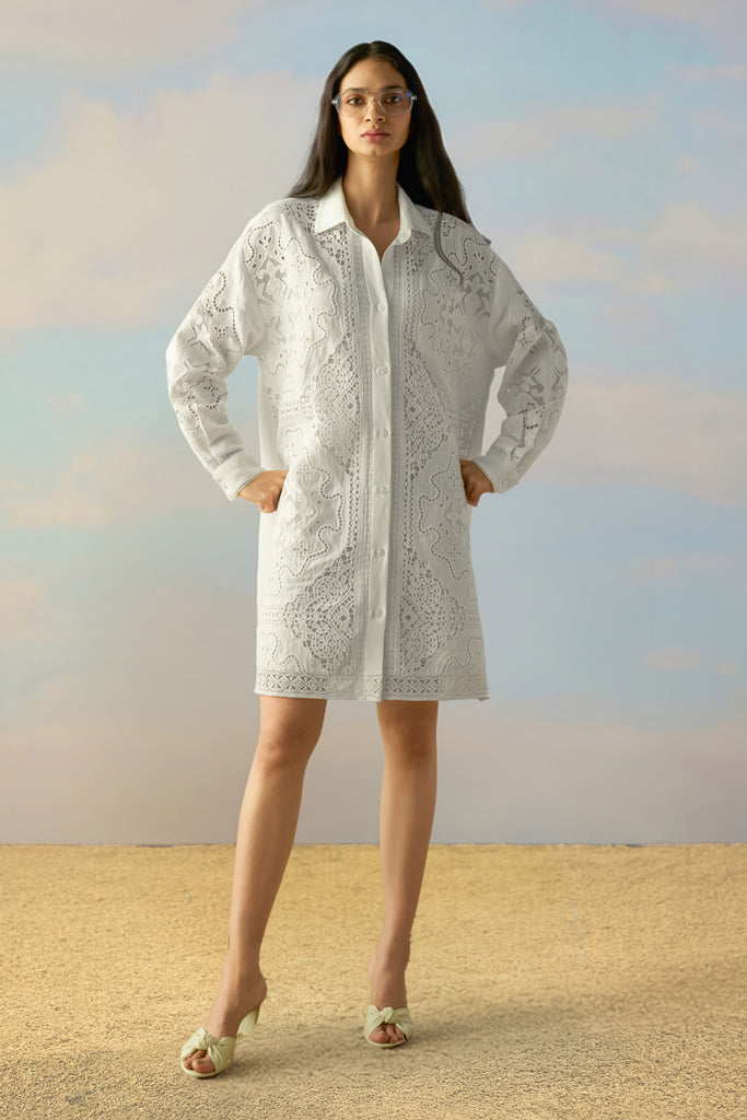 LINEN CUTWORK & LACE EMBROIDERED SHIRT DRESS dash and dot