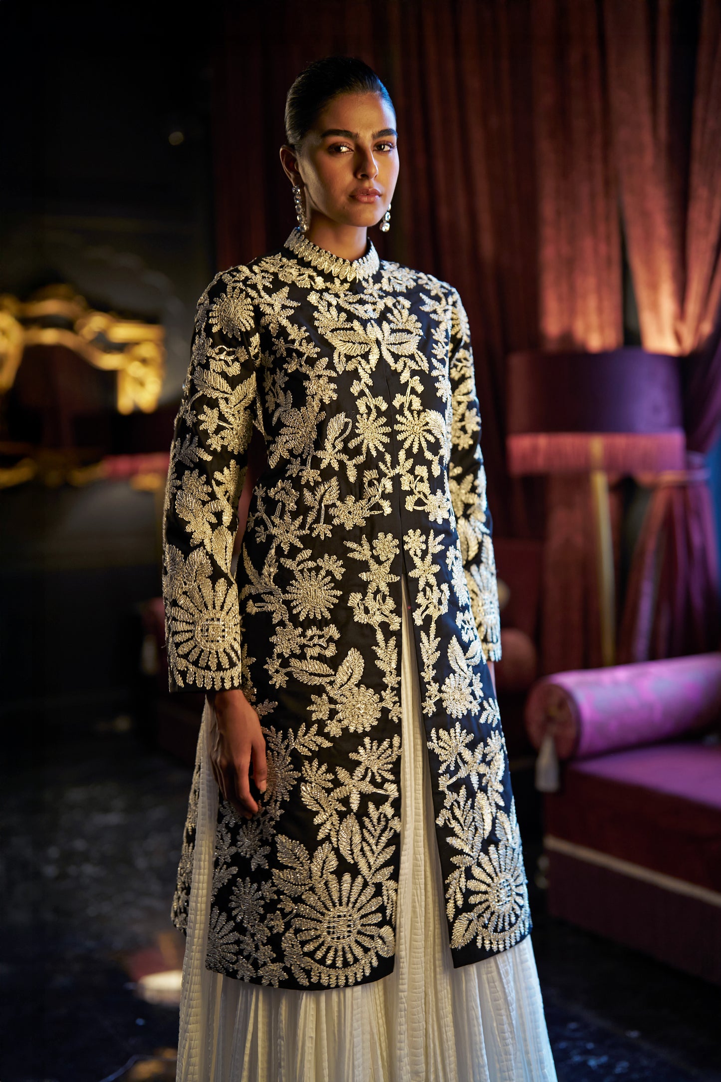 GOTA EMBROIDERED LONGLINE JACKET AND CRUSHED SKIRT