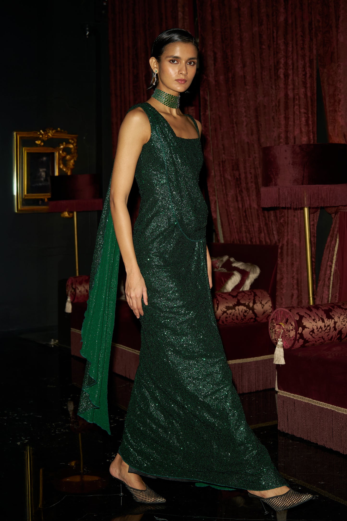 EMERALD SEQUIN SARI DRAPE GOWN
