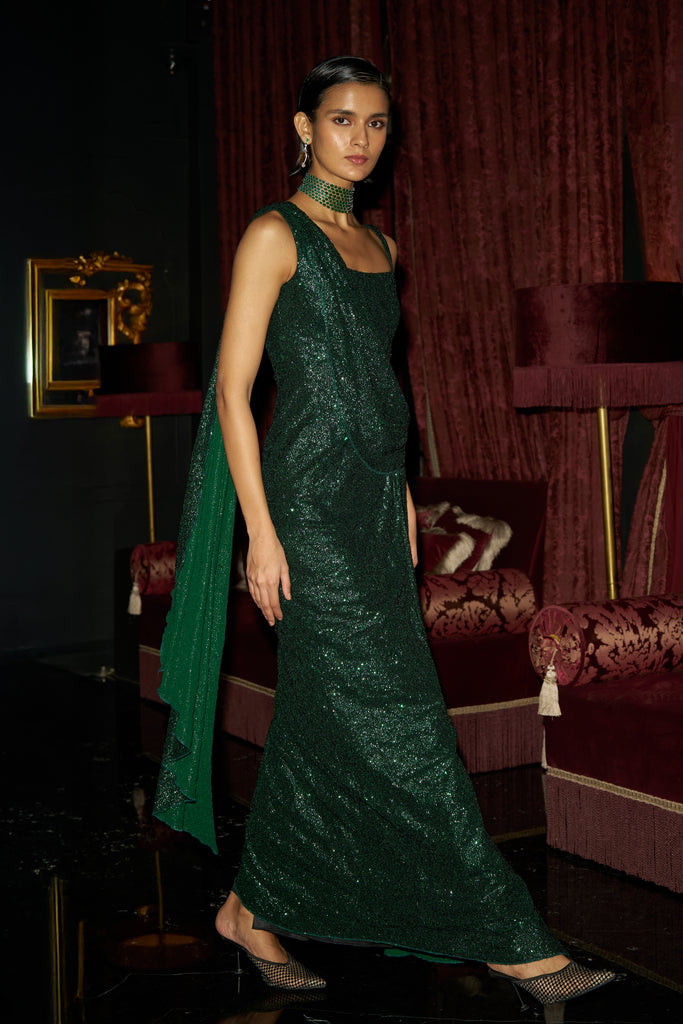 EMERALD SEQUIN SARI DRAPE GOWN dash and dot