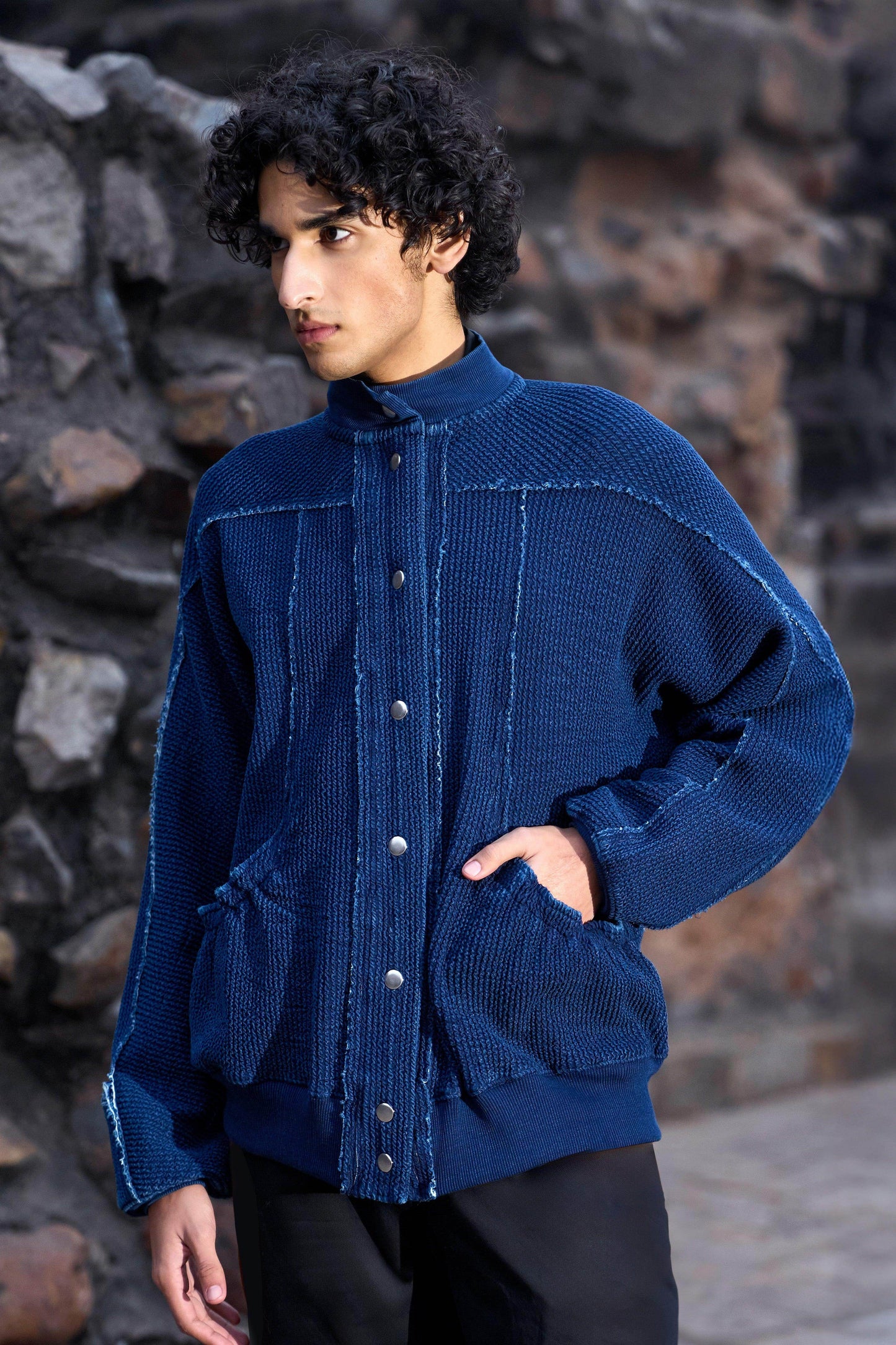 INDIGO KNITTED TEXTURED JACKET - dash and dot