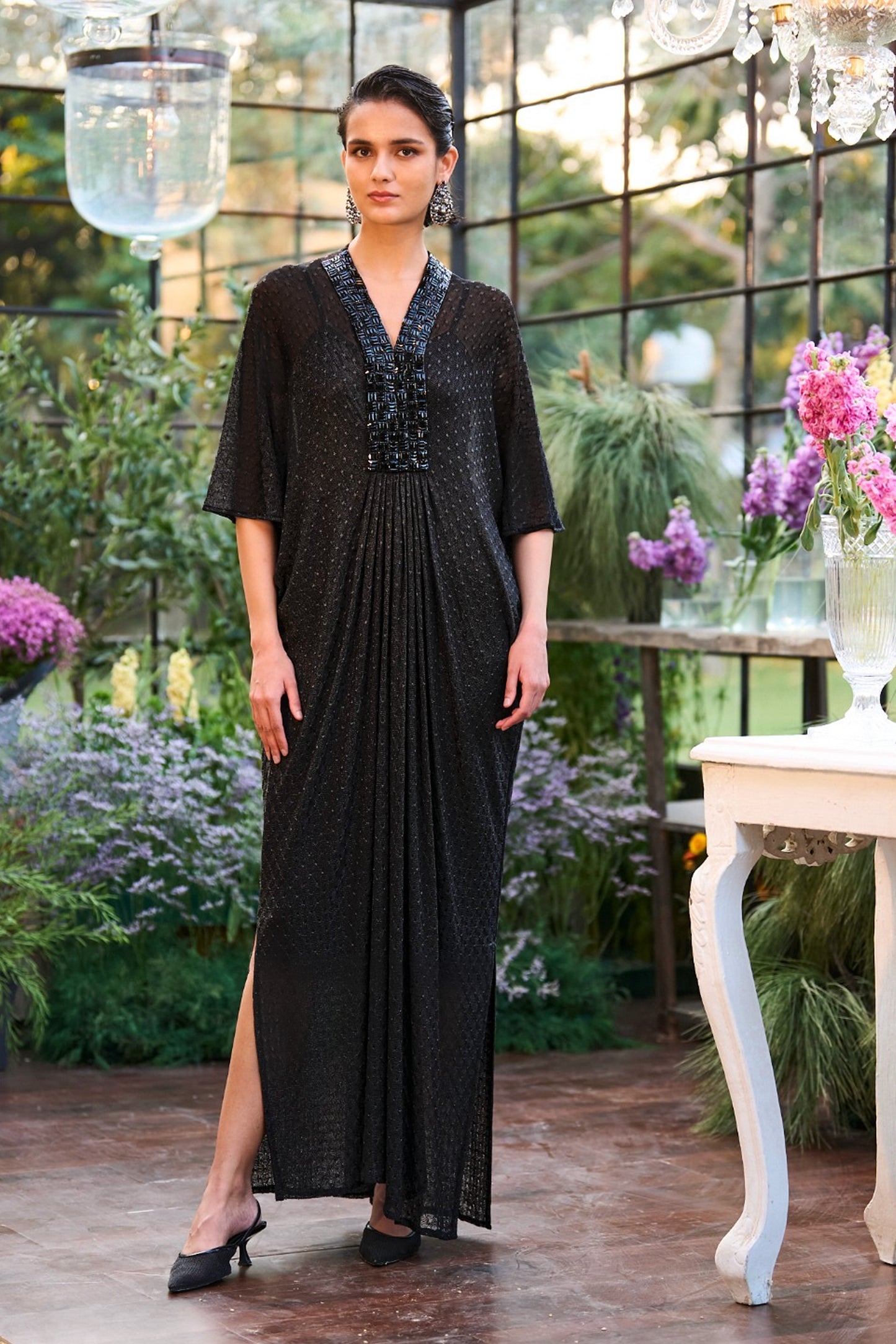 EMBROIDERED DRAPED KAFTAN DRESS