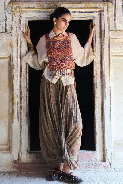 BENARES TISSUE STRUCTURED SHIRT WITH EMBROIDERED BIB & COWL DRAPE PANT