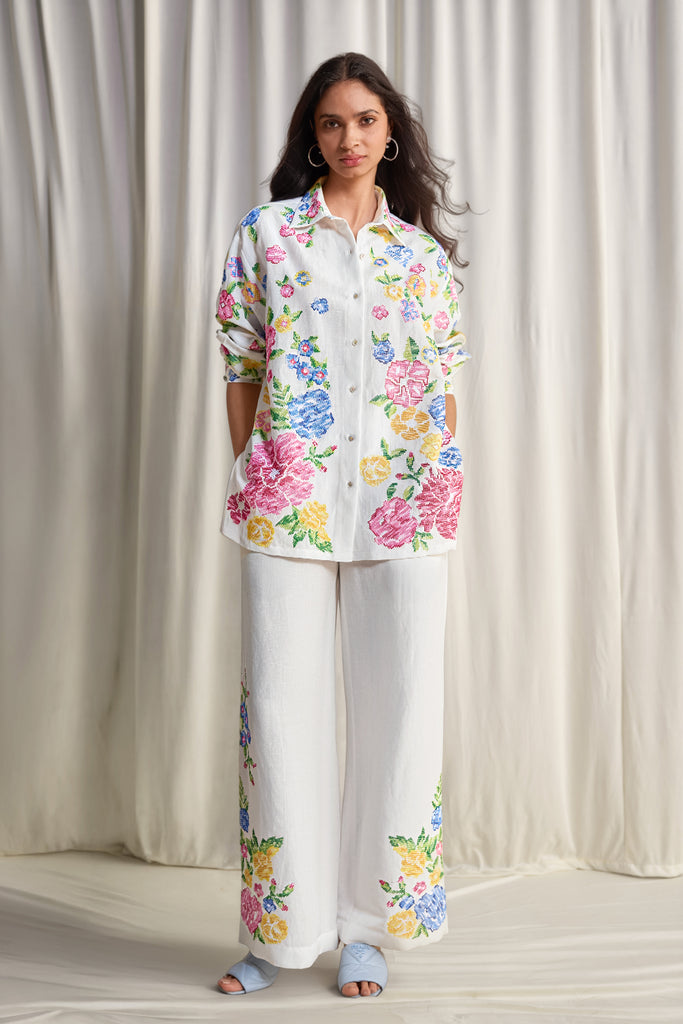 LINEN FLORAL CROSS-STITCH EMBROIDERED PANT dash and dot