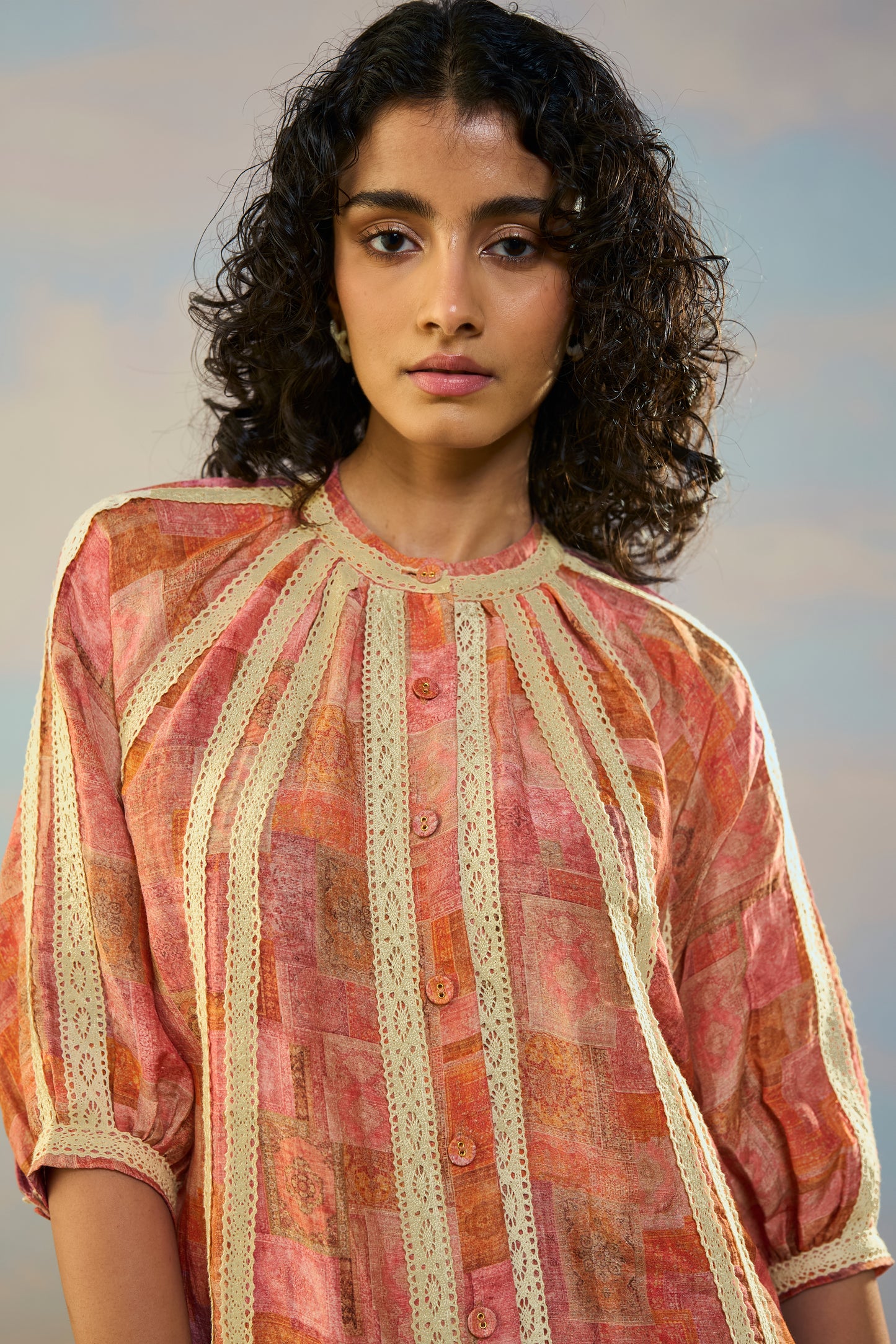 PRINTED LINEN-LACE DRESS