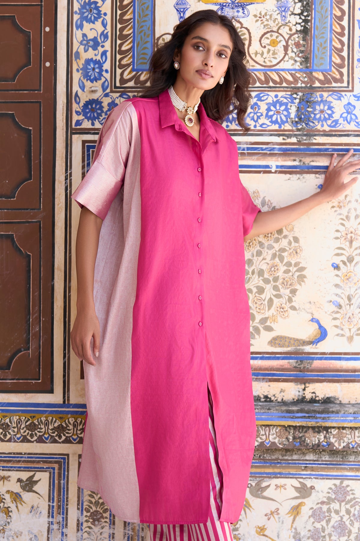 BENARES TISSUE COLOUR BLOCKED LONGLINE TOP