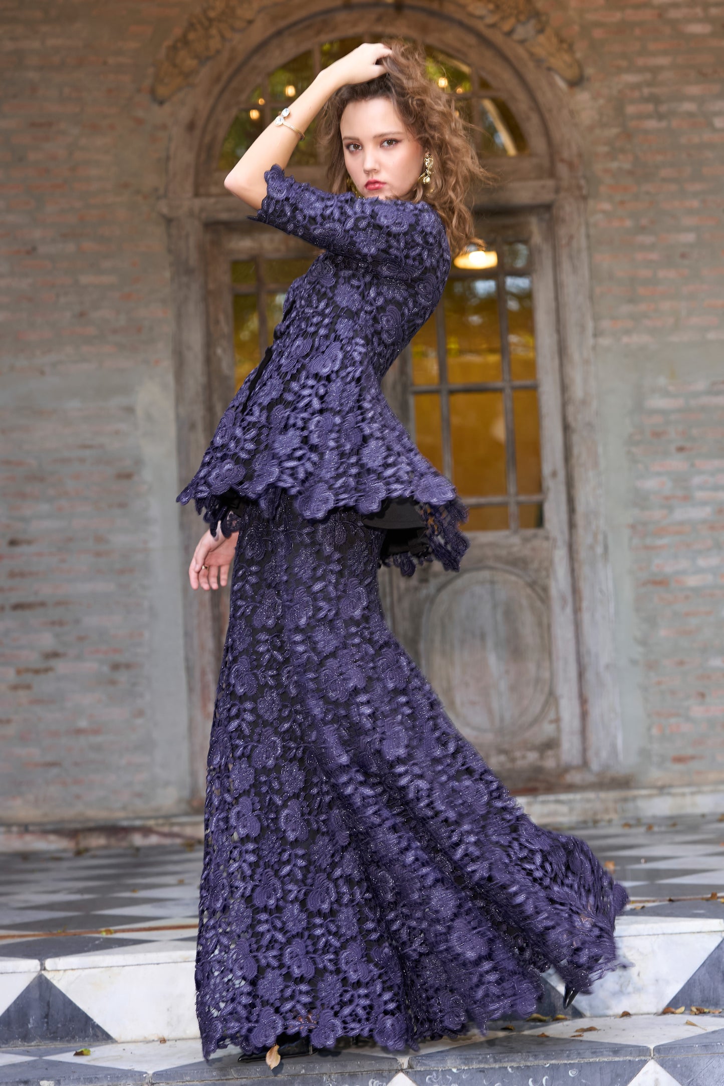 EMBROIDERED LACE PEPLUM TOP AND PANT SET