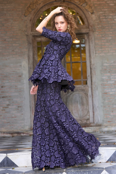 EMBROIDERED LACE PEPLUM TOP AND PANT SET