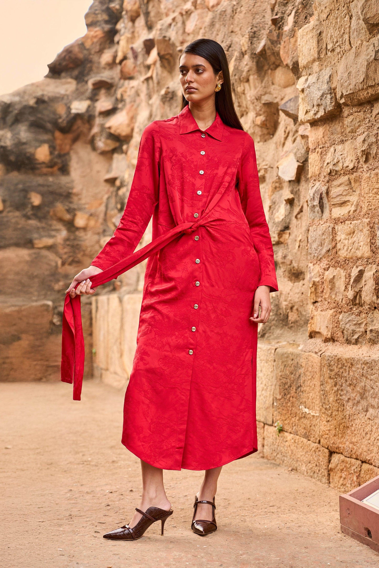 RED JACQUARD SHIRT DRESS - dash and dot