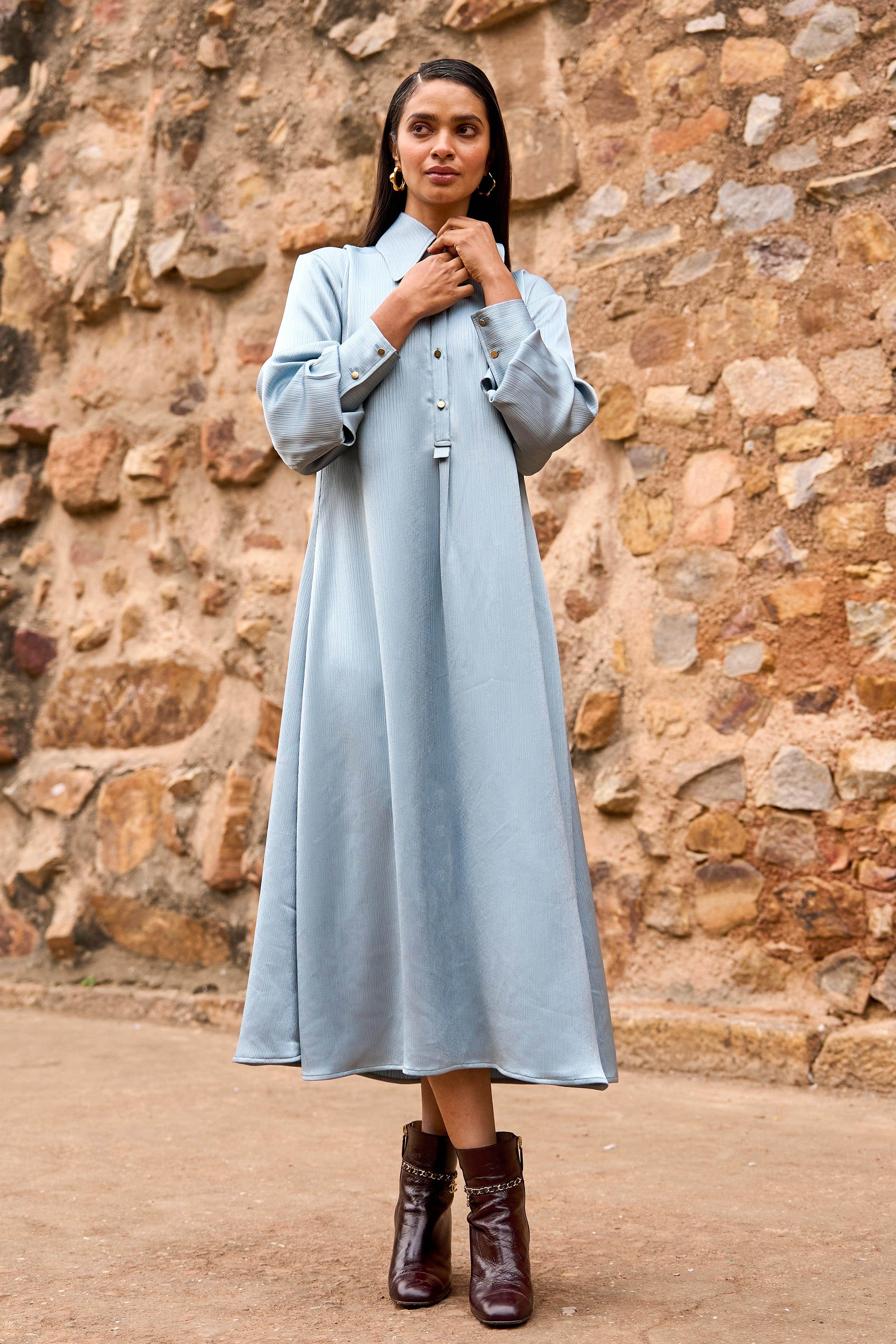 Textured Satin Shirt Dress Xs / Petrol