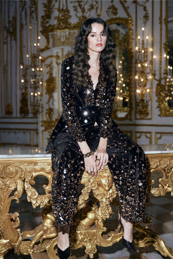 PAILLETTE EMBROIDERED VELVET BLAZER dash and dot