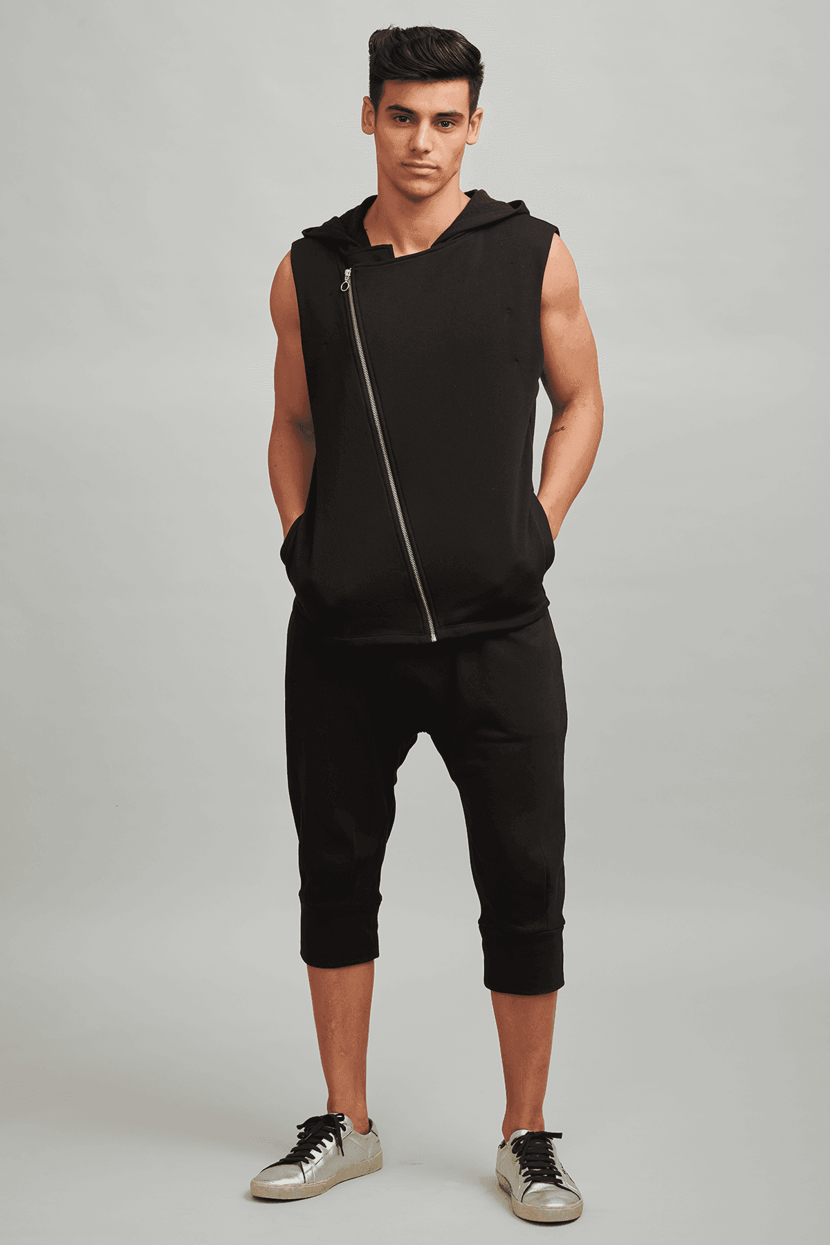 SLEEVELESS CROSS ZIP HOODIE CROP JOGGER SET - dash and dot