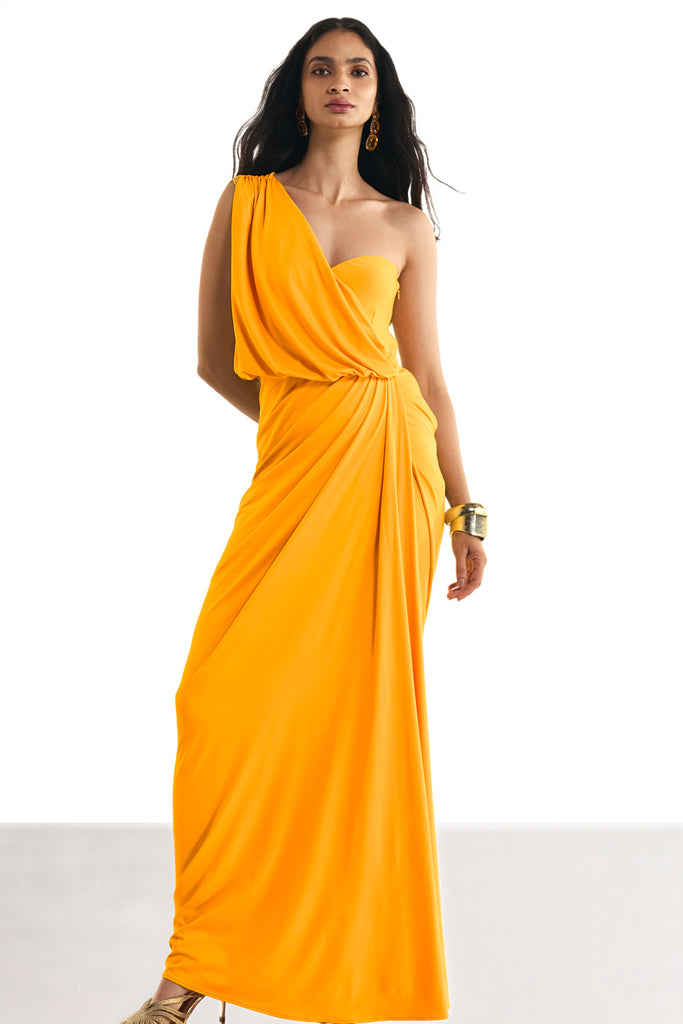ONE SHOULDER DRAPED KNIT SARI GOWN dash and dot