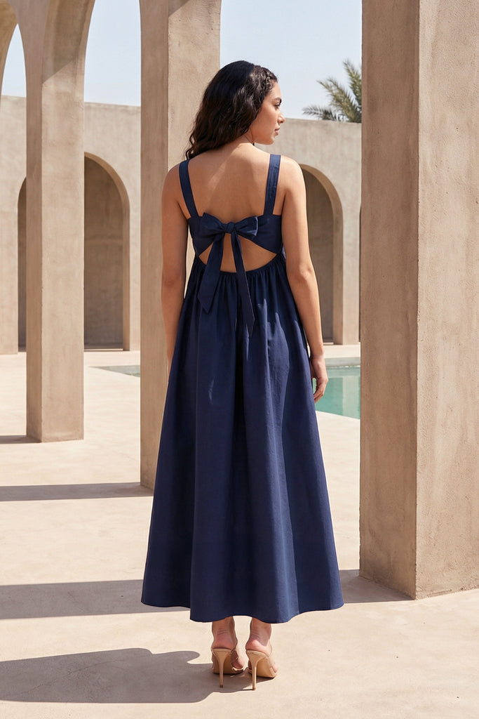 NAVY POPLIN MIDI dash and dot