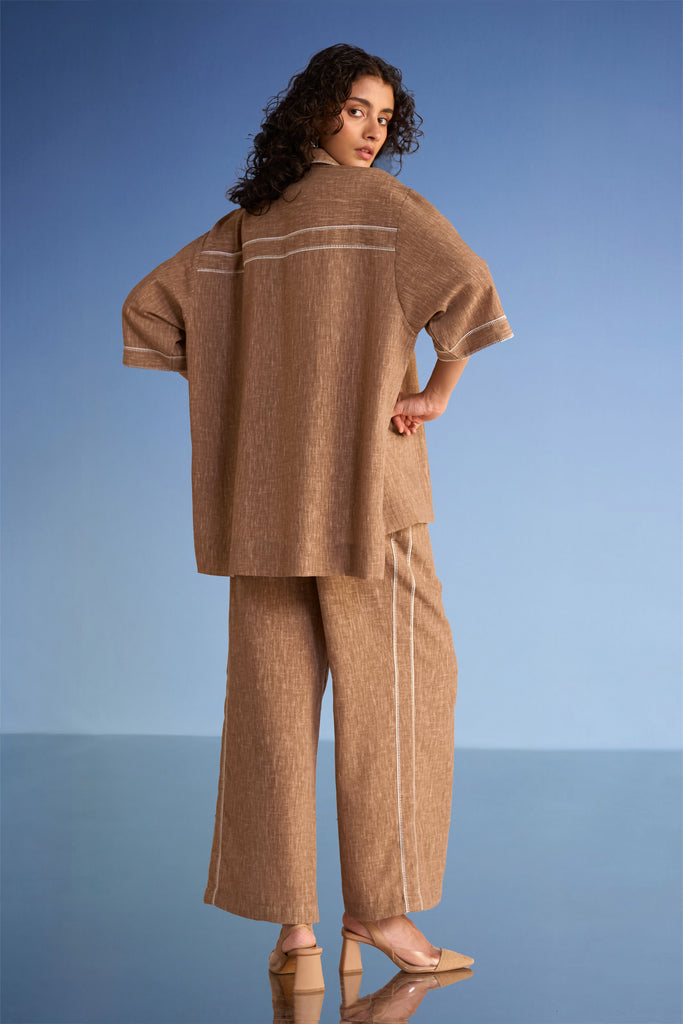 FLORAL APPLIQUÉ LINEN-TEXTURED SHIRT & WIDE-LEGGED PANT SET dash and dot