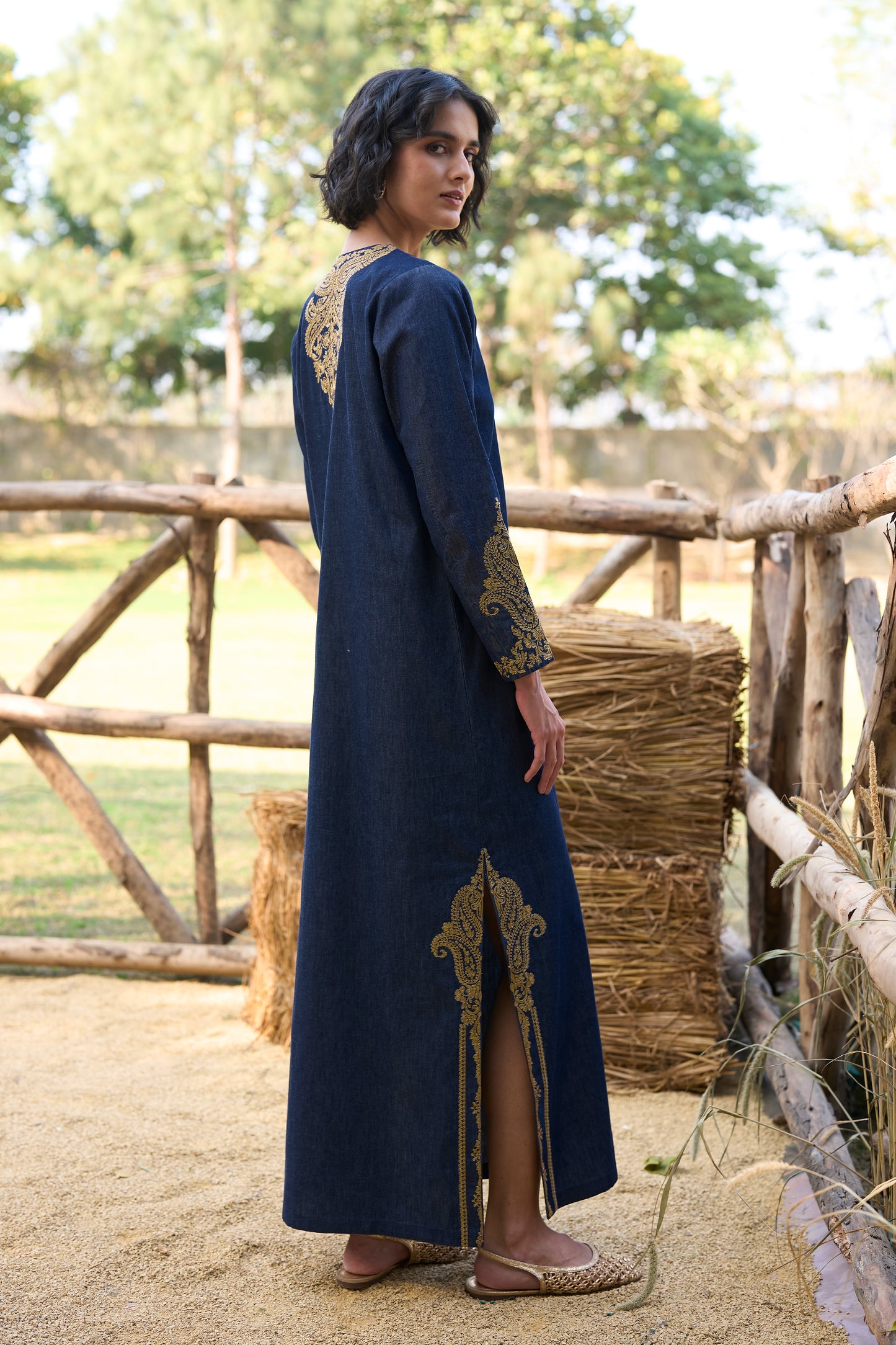 EMBROIDERED DENIM KAFTAN DRESS