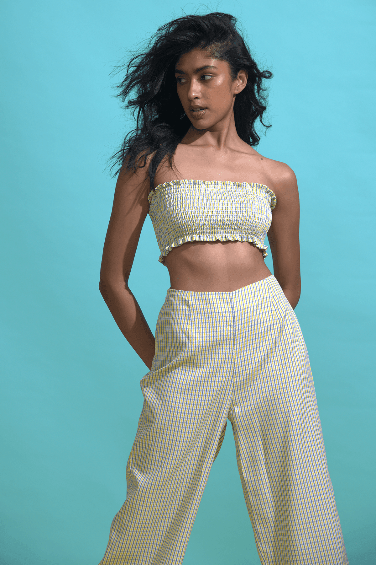 YELLOW BLUE CHECK BANDEAU - dash and dot