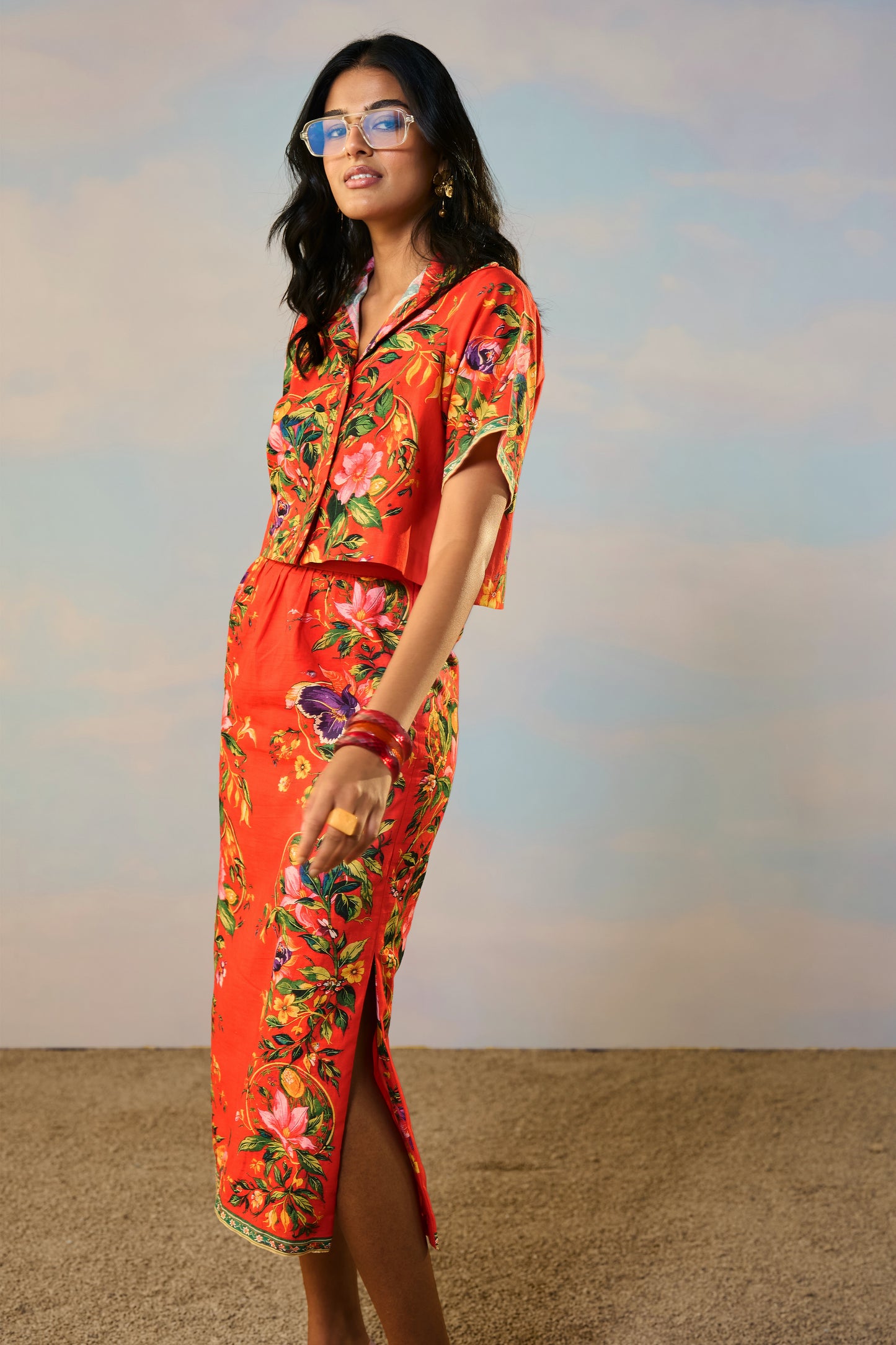 LINEN PLACED FLORAL PRINT SHIRT & SKIRT SET