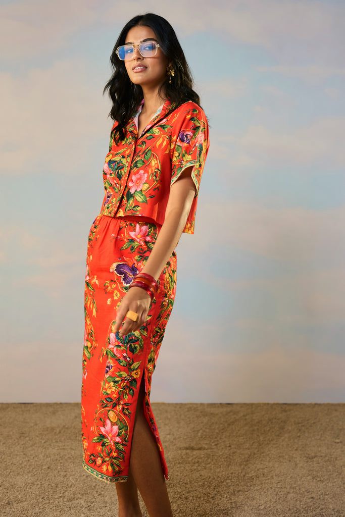 LINEN PLACED FLORAL PRINT SHIRT & SKIRT SET dash and dot