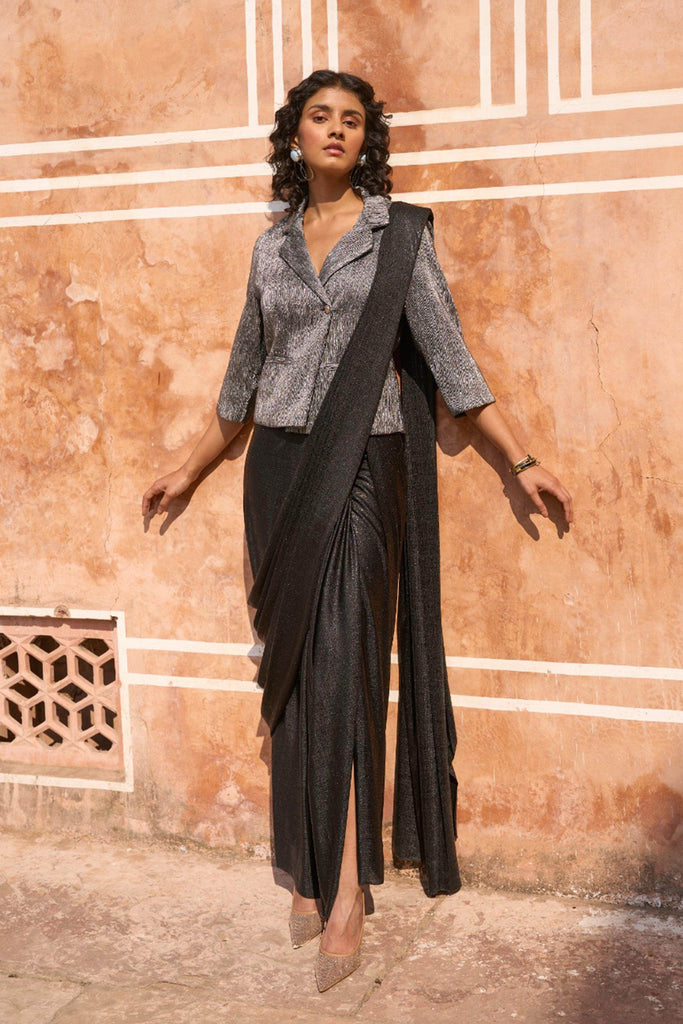 PLEATED METALLIC BLAZER TOP AND BLACK SARI DRAPE SKIRT - dash and dot dash and dot