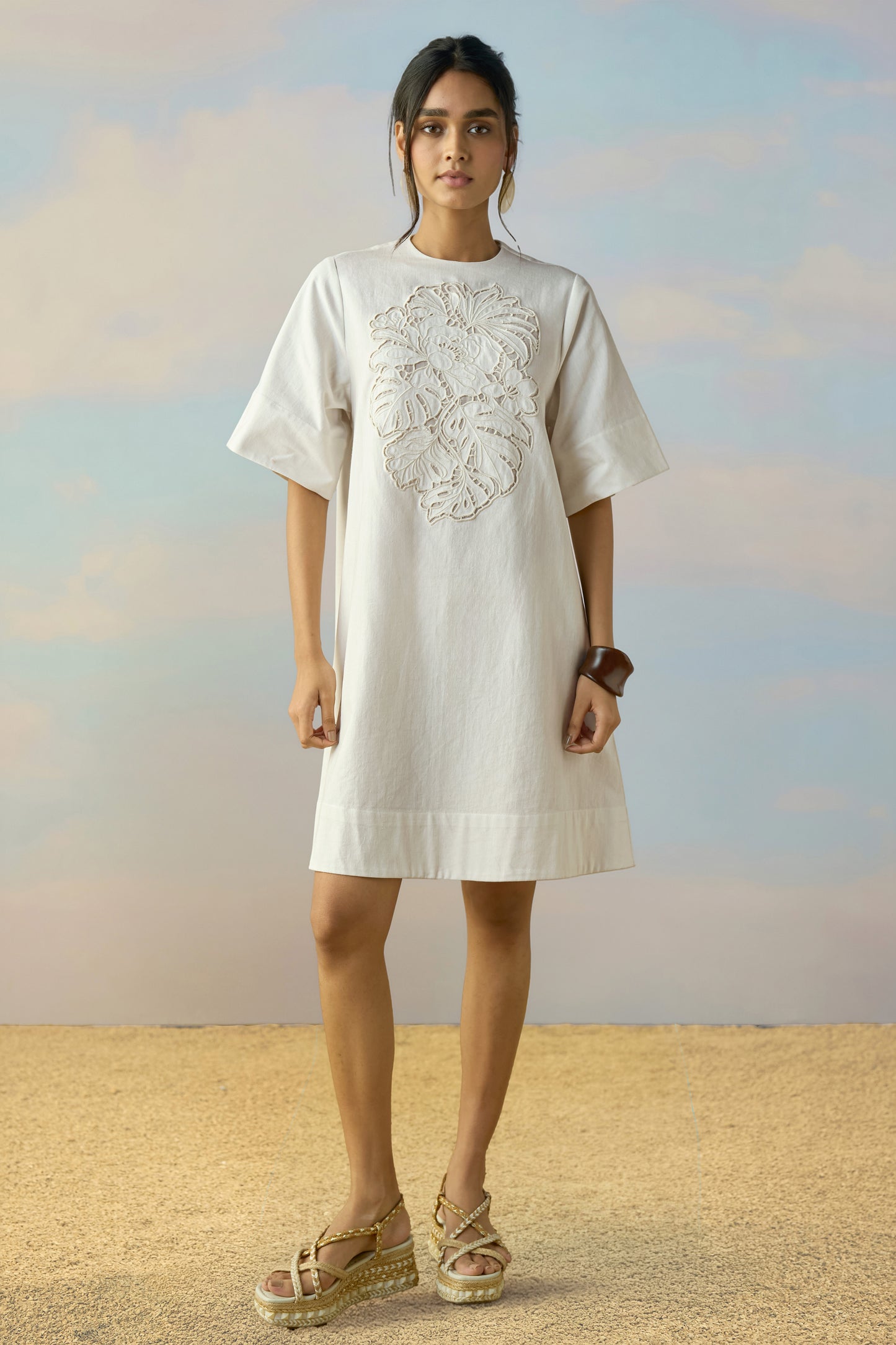 CUTWORK EMBROIDERED DENIM DRESS