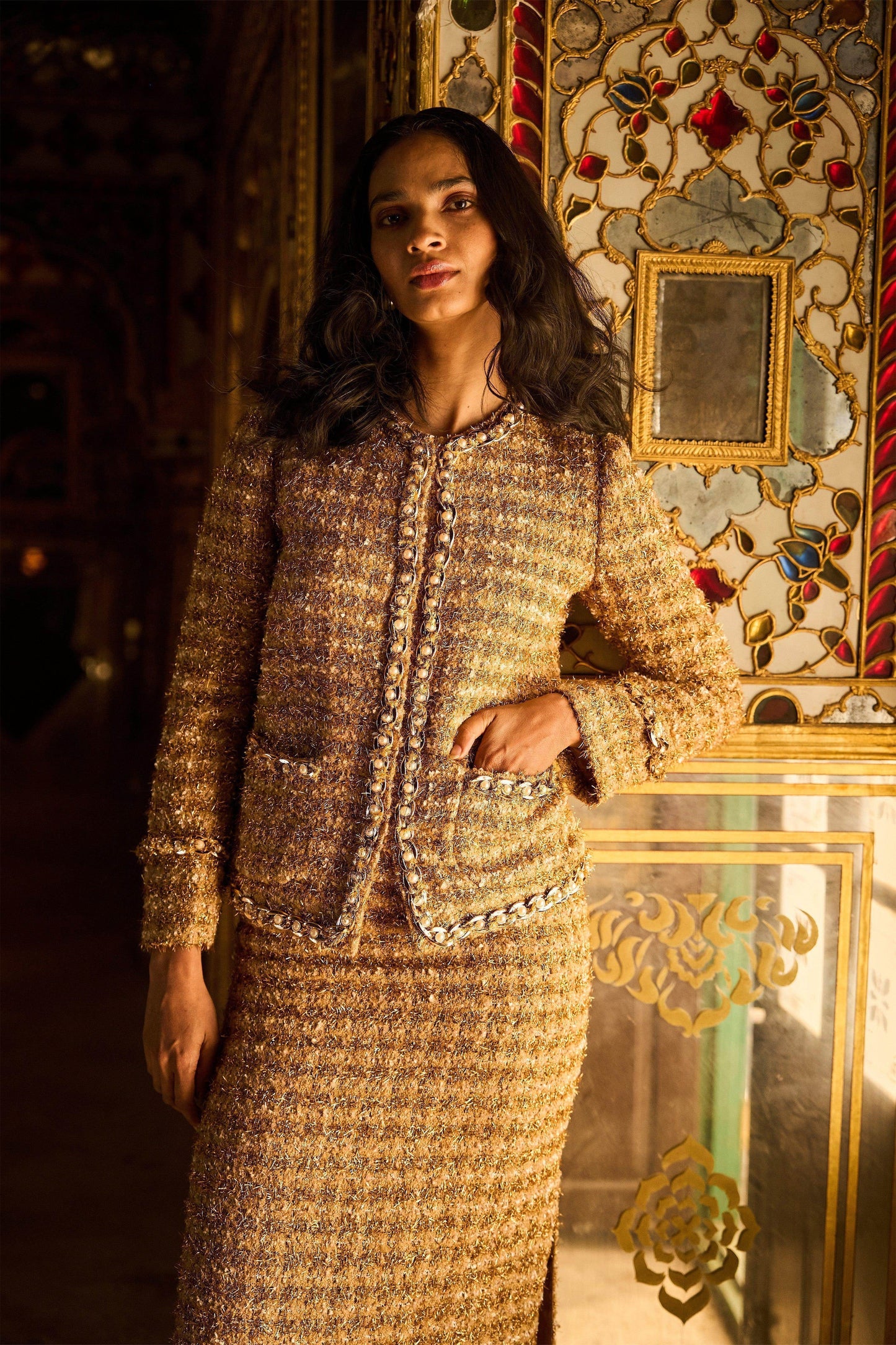 GOLD BOUCLÉ JACKET AND SKIRT - dash and dot