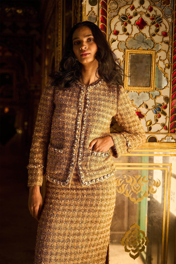GOLD BOUCLÉ JACKET AND SKIRT - dash and dot dash and dot