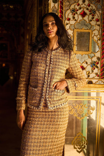 GOLD BOUCLÉ JACKET AND SKIRT - dash and dot