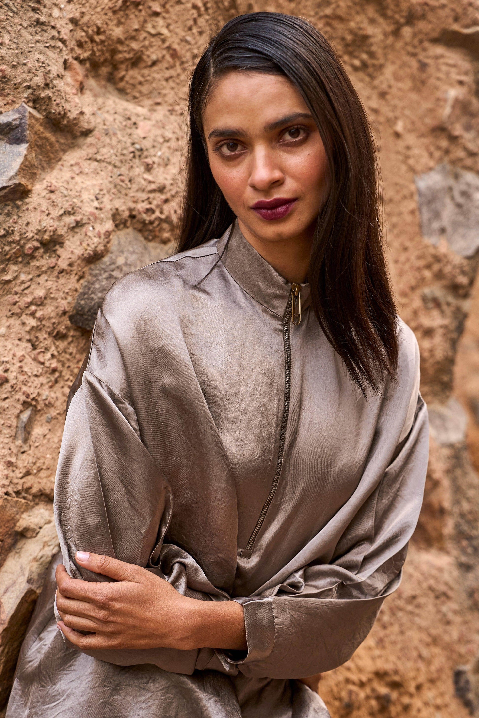 ZIP NECK SATIN MIDI - dash and dot