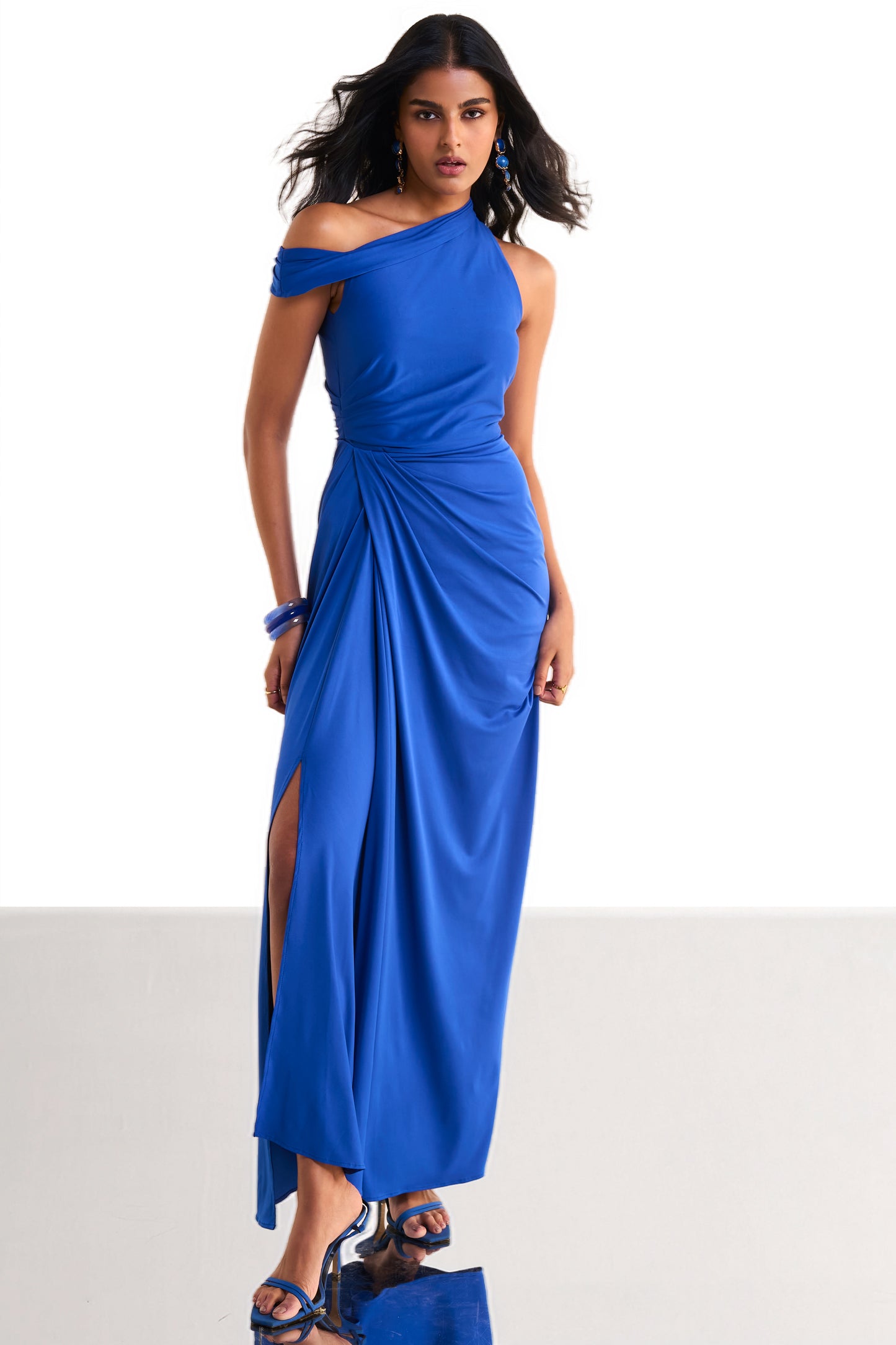 ONE SHOULDER DRAPED KNIT DRESS
