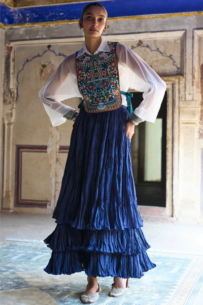 WHITE ORGANZA SHIRT WITH EMBROIDERED BIB & CASCADING TIERED CRUSHED MAXI SKIRT