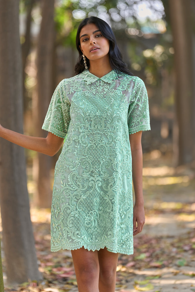 SCALLOPED EMBROIDERED MINI SHIRT DRESS dash and dot