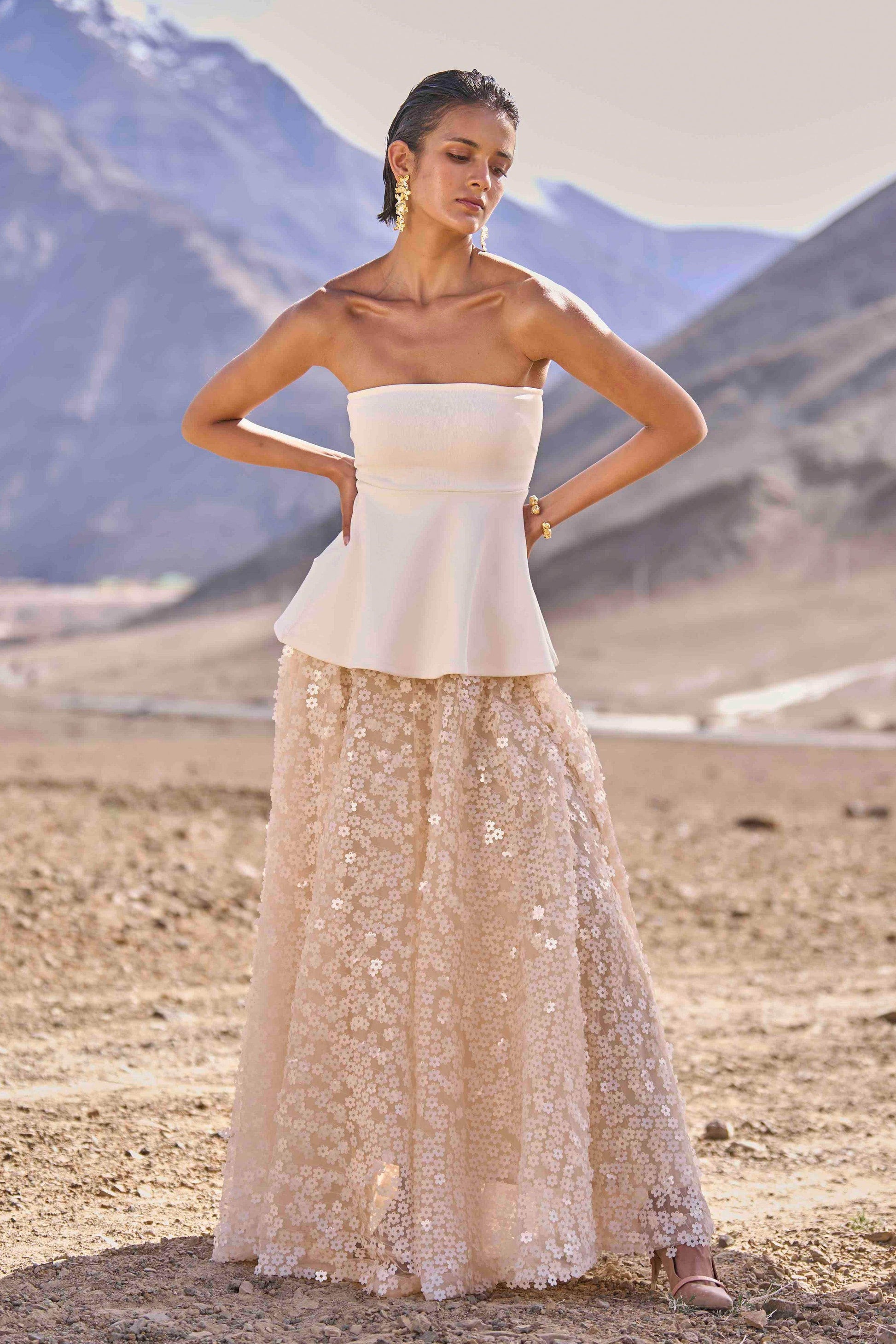 IVORY PEPLUM TOP & 3D FLORAL SEQUIN SKIRT - dash and dot