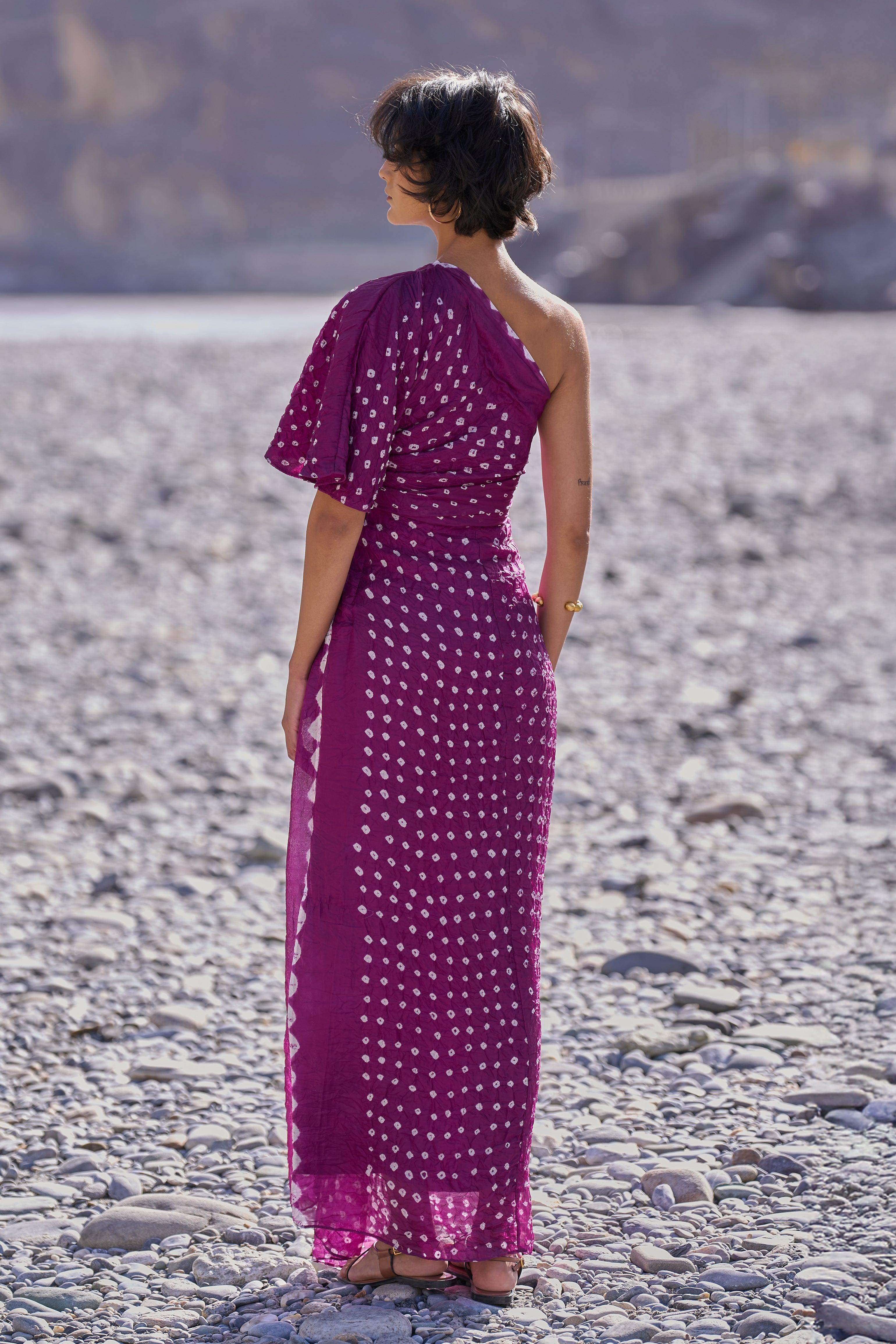 bandhani maxi dress Women Purple Bandhani Printed One Shoulder Maxi Dress