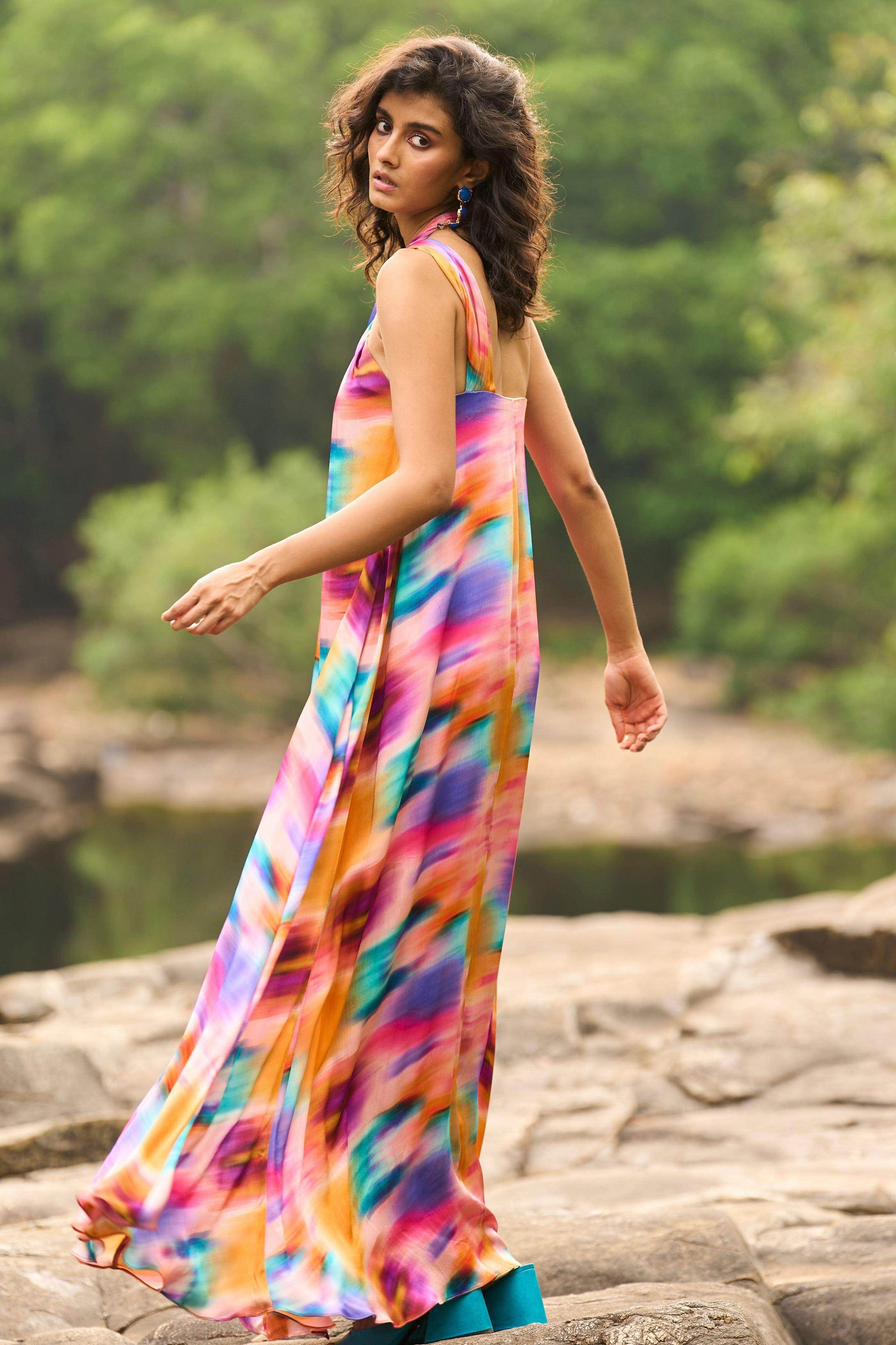 PRINTED HALTER FLARED DRESS - dash and dot