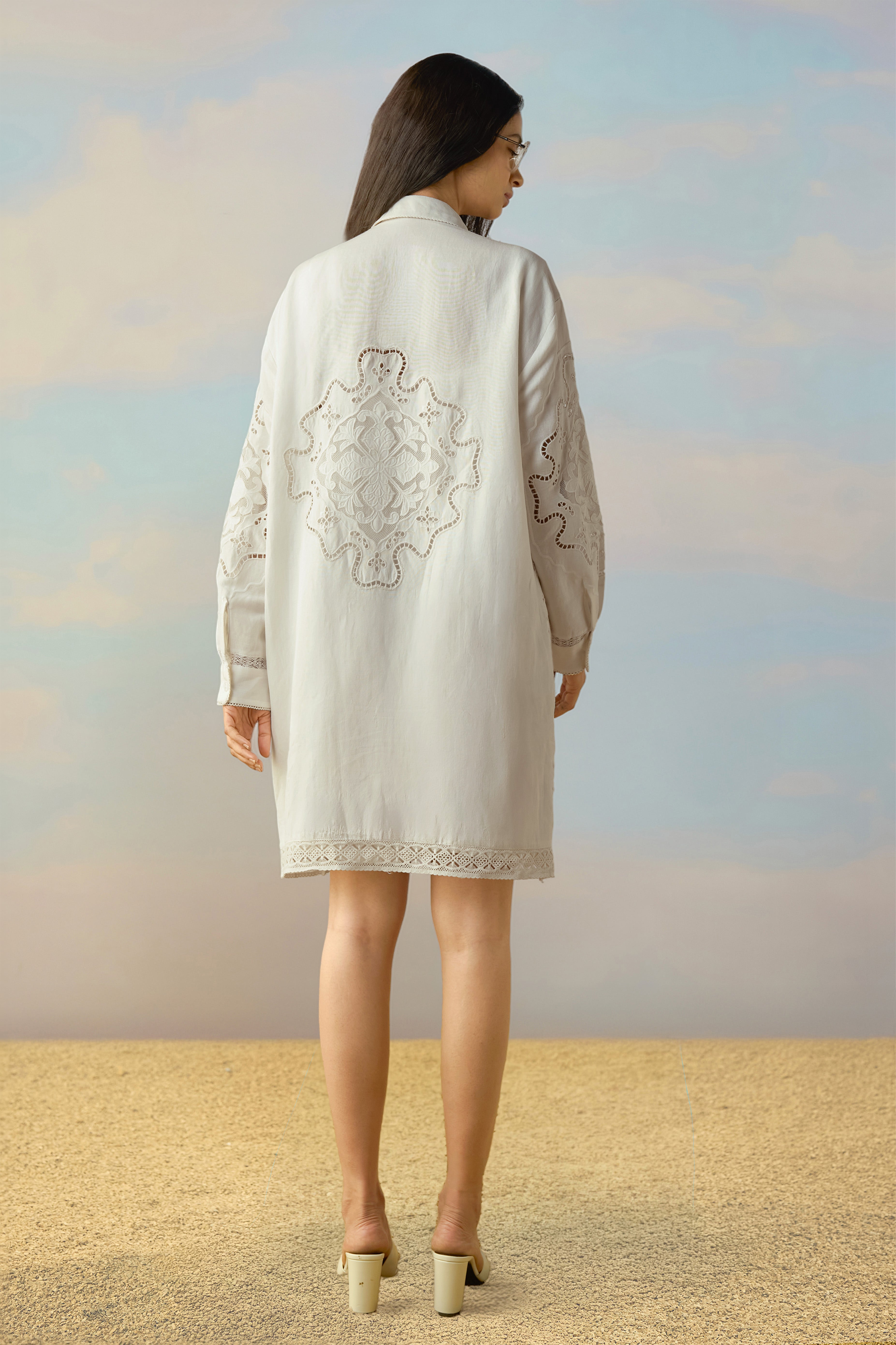 LINEN CUTWORK & LACE EMBROIDERED SHIRT DRESS S / Ivory