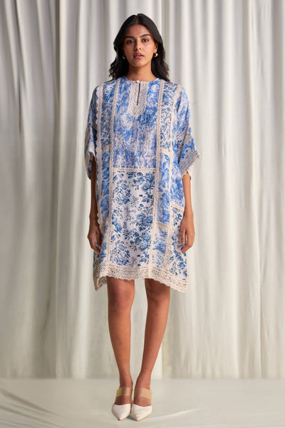 SILK-LINEN PORCELAIN PRINT PATCHWORK DRESS