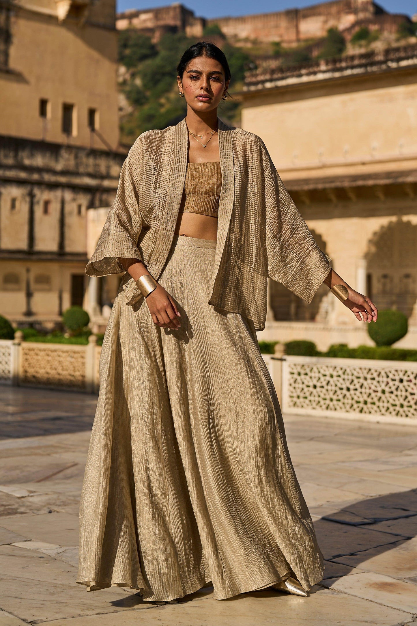 GOLD TISSUE BRALETTE, SHRUG AND SKIRT SET - dash and dot