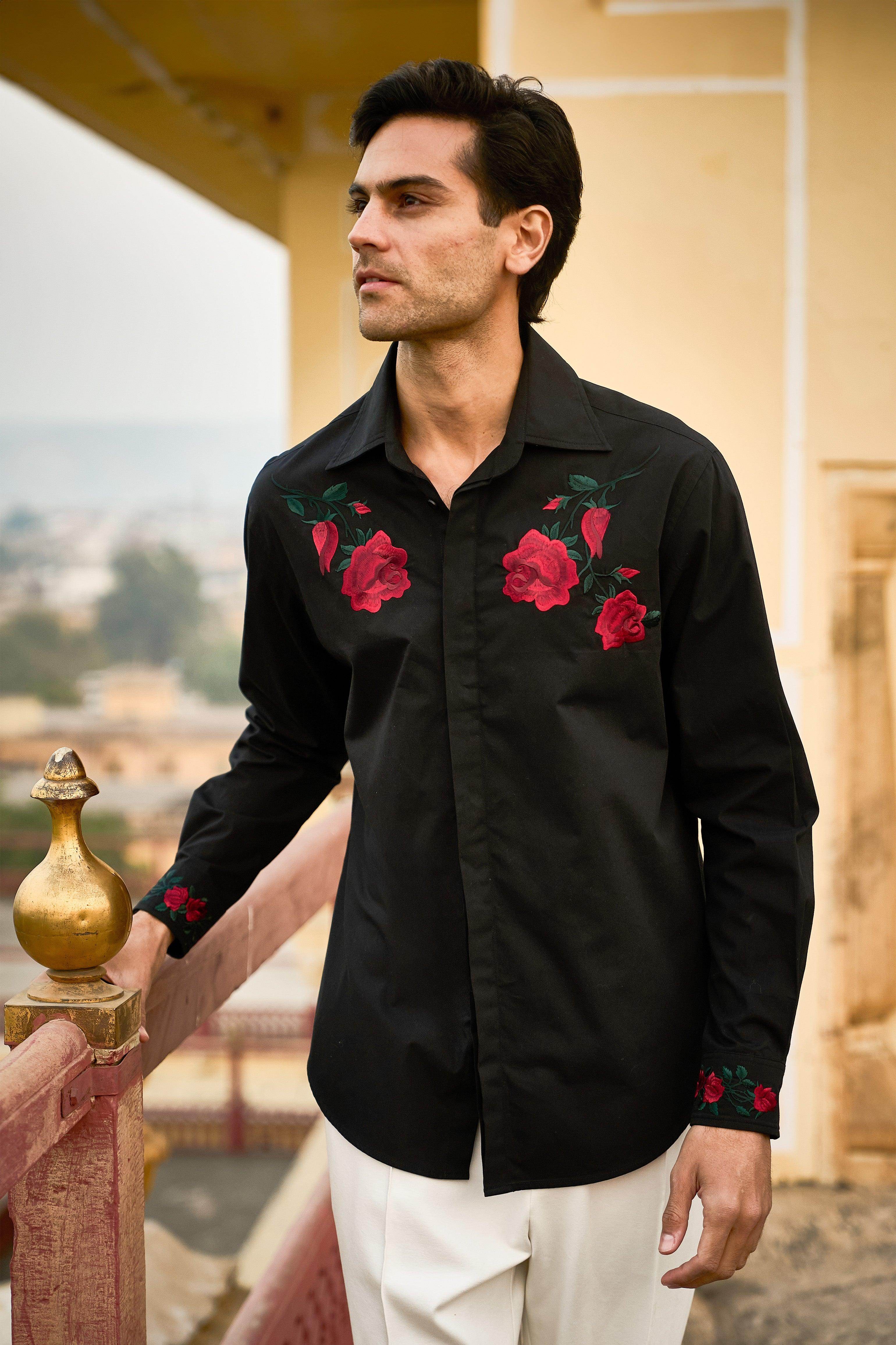 dress shirt with roses Mens Rose Embroidery Dress Shirts Long Sleeve Button Down Shirt Wedding Party Banquet Tuxedo Black US Size S at Amazon Men's Clothing store