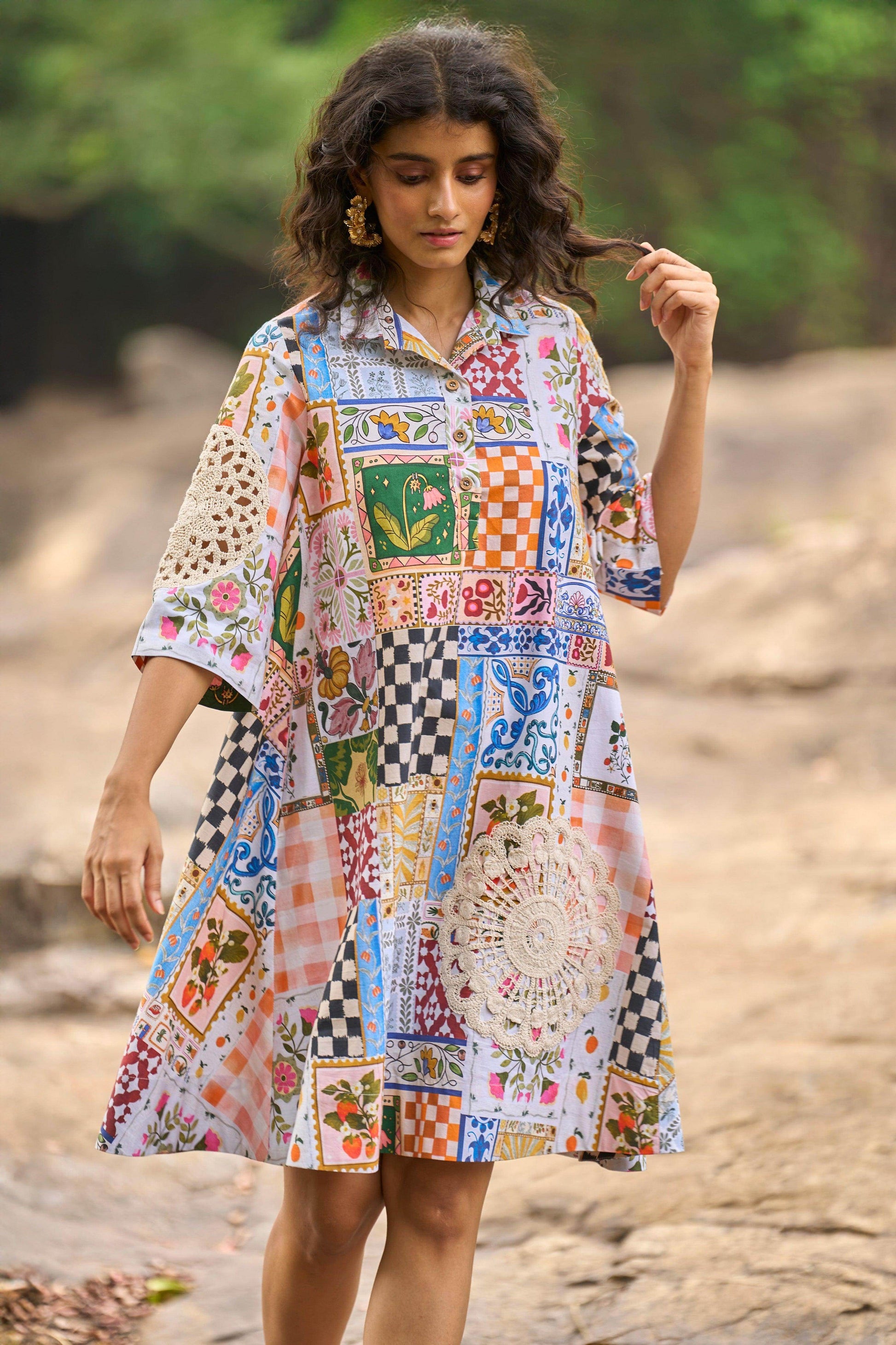 CROCHET PATCHWORK SHIRT DRESS