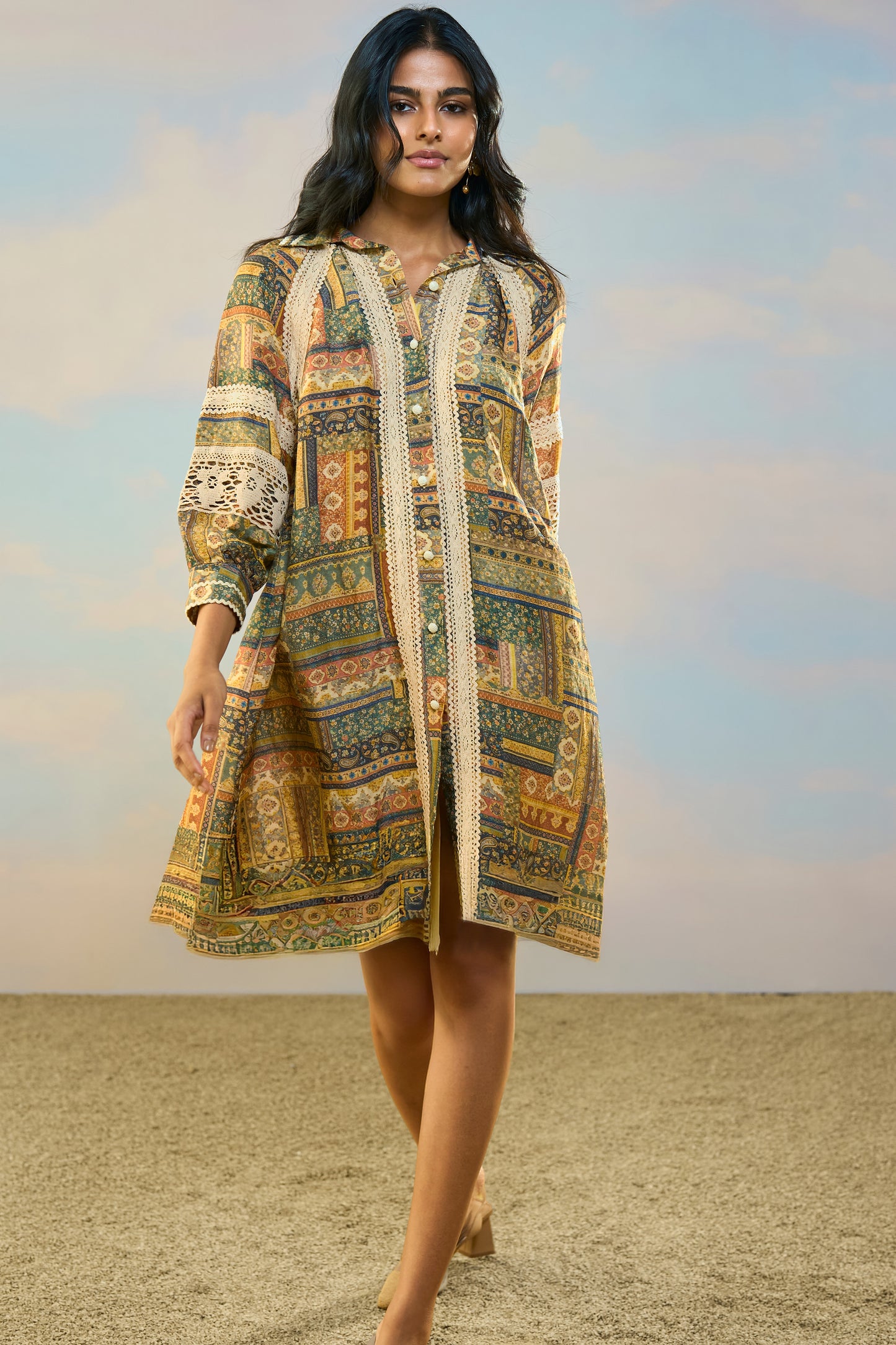 PRINTED LINEN-LACE DRESS