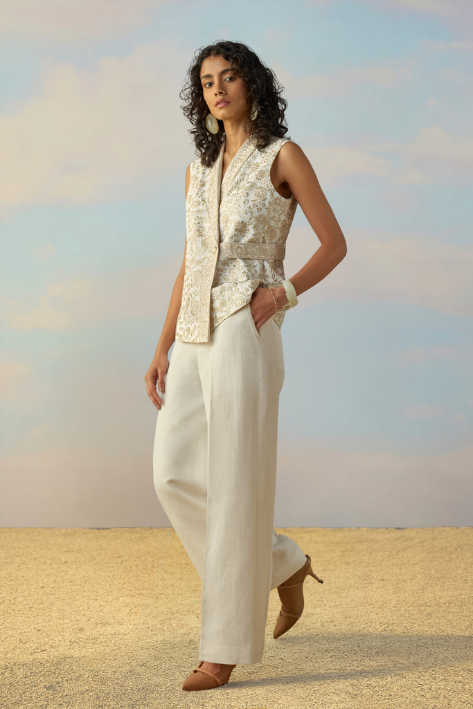 LINEN EMBROIDERED WAISTCOAT & STRAIGHT-CUT PANT SET dash and dot
