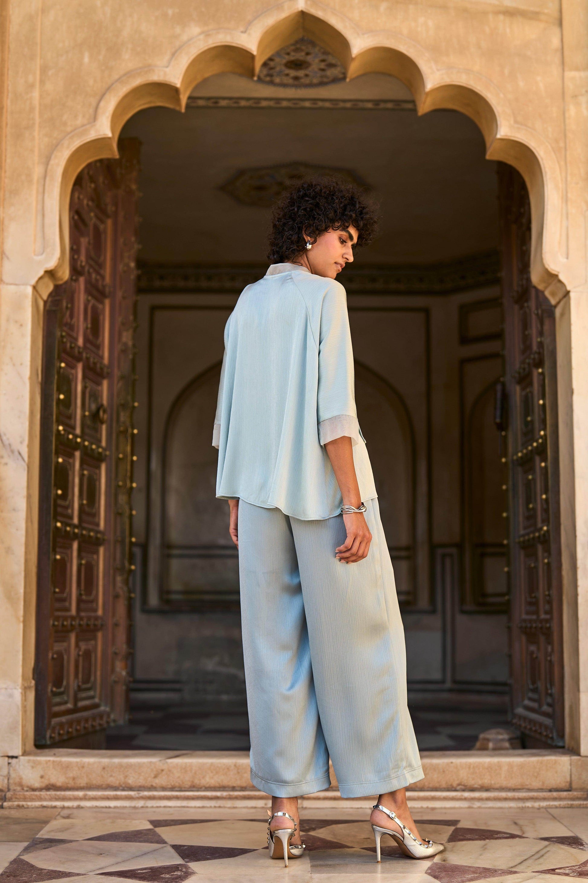 POWDER BLUE CRINKLE SATIN SET - dash and dot