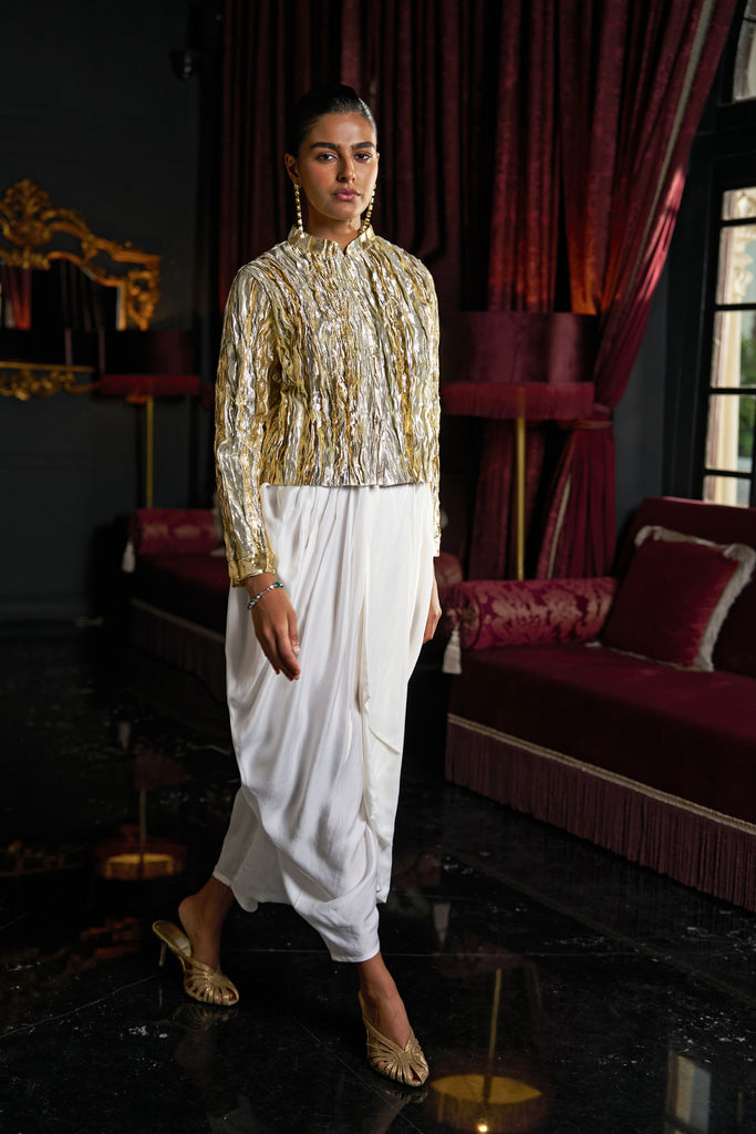 CRUSHED GOTA WEAVE BOLERO & IVORY COWL PANT dash and dot