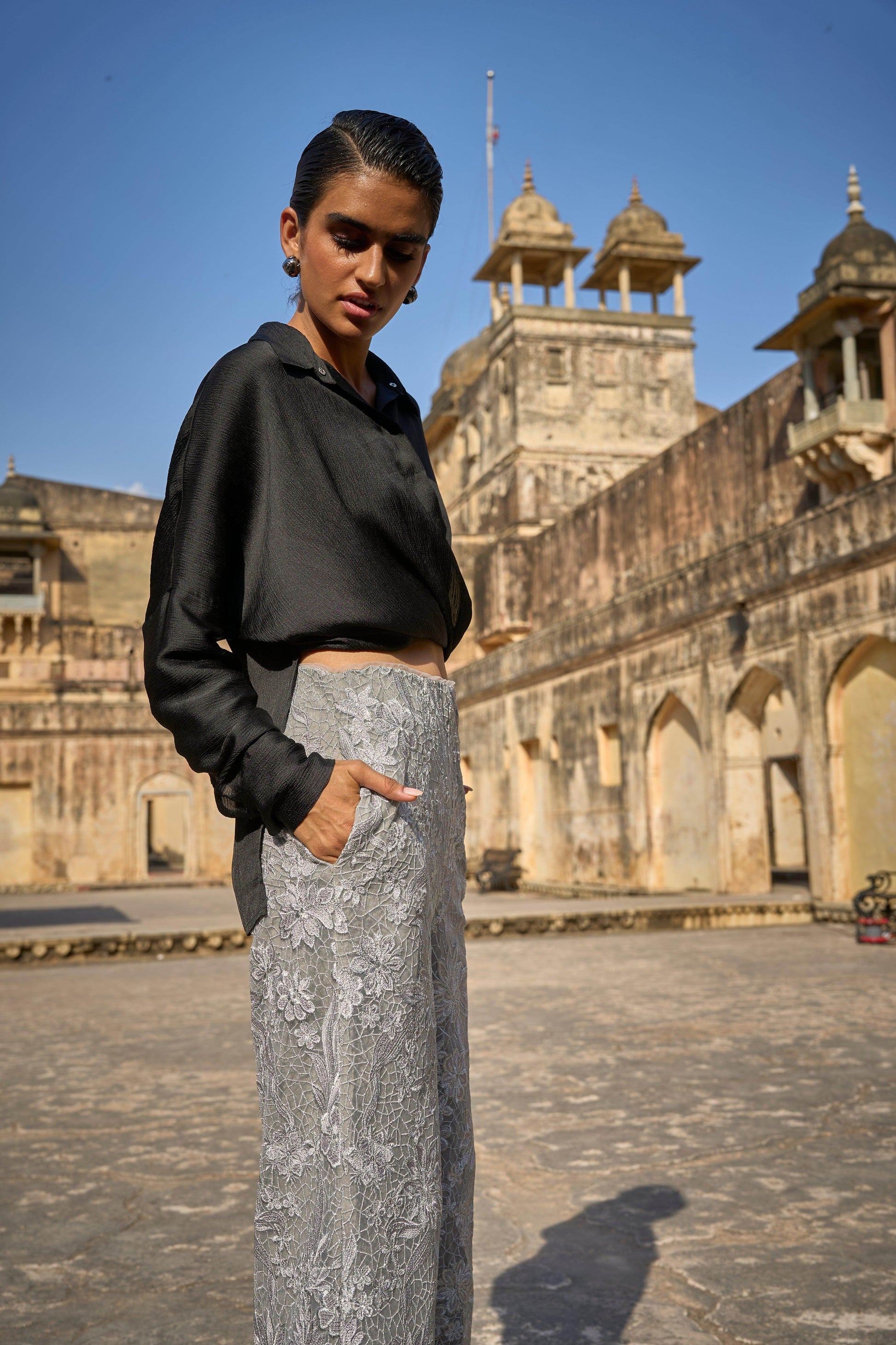 DRAPED SHIRT & METALLIC EMBROIDERED PANT - dash and dot