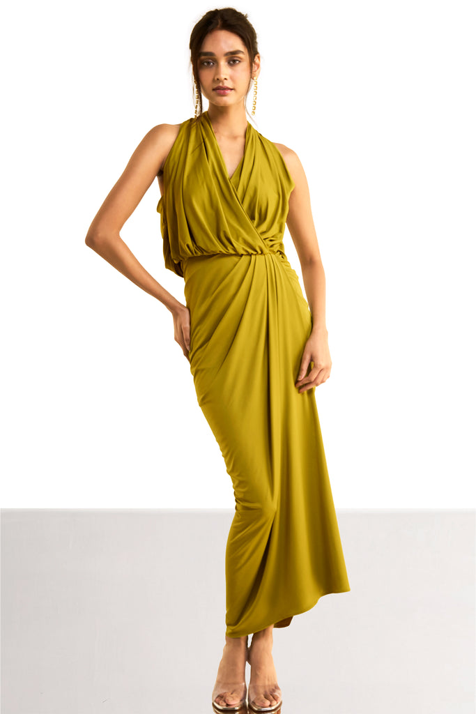 HALTER NECK FRONT OVERLAP KNIT DRESS dash and dot